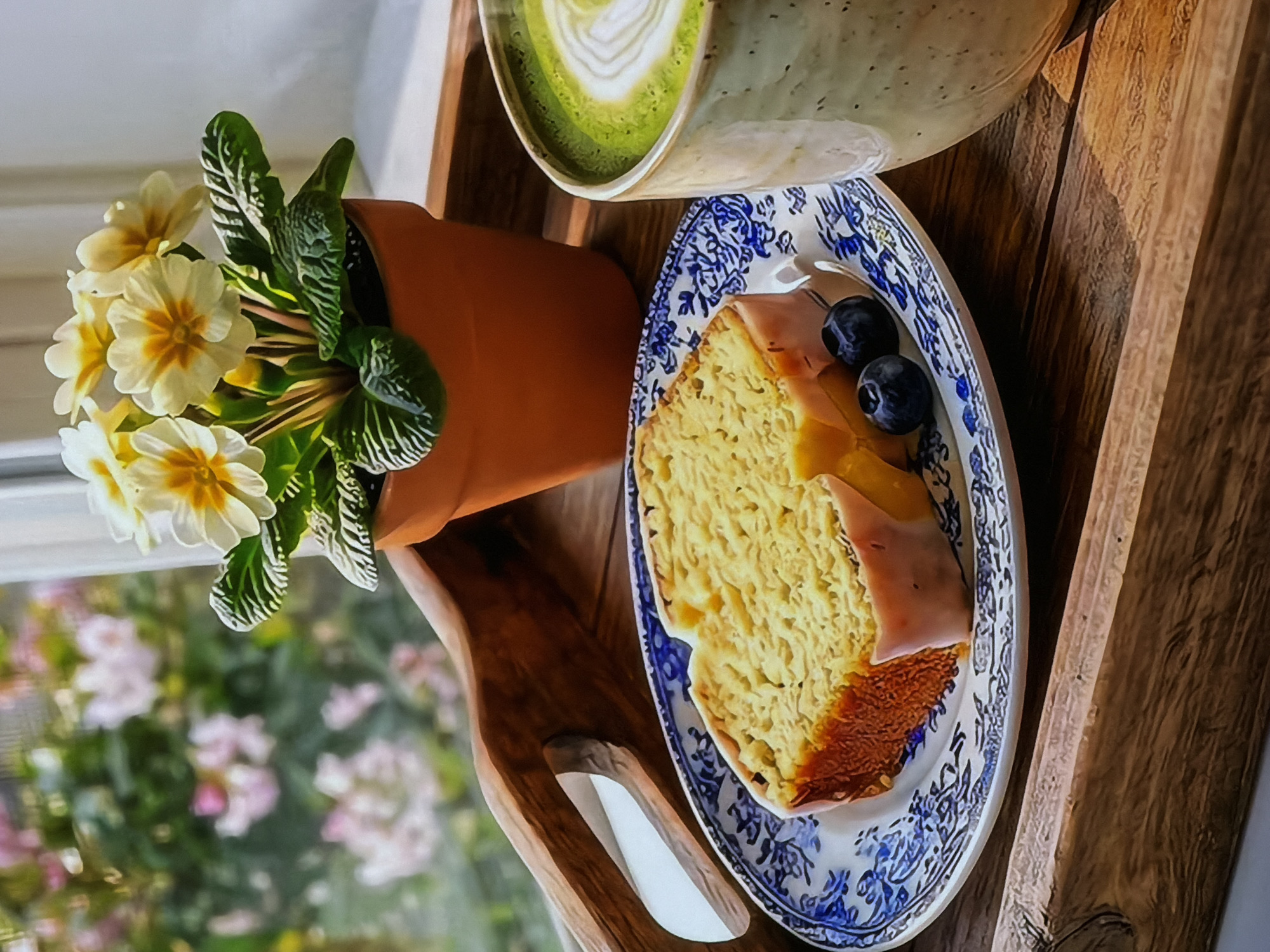 An overhead, slightly angled shot captures a serene indoor scene featuring a breakfast or snack setup on a rustic wooden tray. In the foreground, a terracotta pot holds a vibrant primrose plant with numerous yellow and white flowers and distinctive green leaves with white variegated patterns. Next to the plant, a light green ceramic mug contains a matcha latte, adorned with intricate white latte art, suggesting a creamy texture.
On the same tray, a slice of light-colored cake, possibly a lemon loaf or pound cake, rests on an oval white plate with delicate blue patterns reminiscent of the Willow pattern. The cake has a visible crumb texture and is topped with a light glaze and two fresh blueberries. The wooden tray itself has a natural, grainy texture and visible handles.
Through a window in the background, out-of-focus soft pink and green hues indicate blooming flowers and foliage outdoors, suggesting good weather during daytime. The natural lighting contributes to a bright and peaceful ambiance. There is no visible text in the image. The setting is Sofiivska Borshchahivka, Ukraine.
