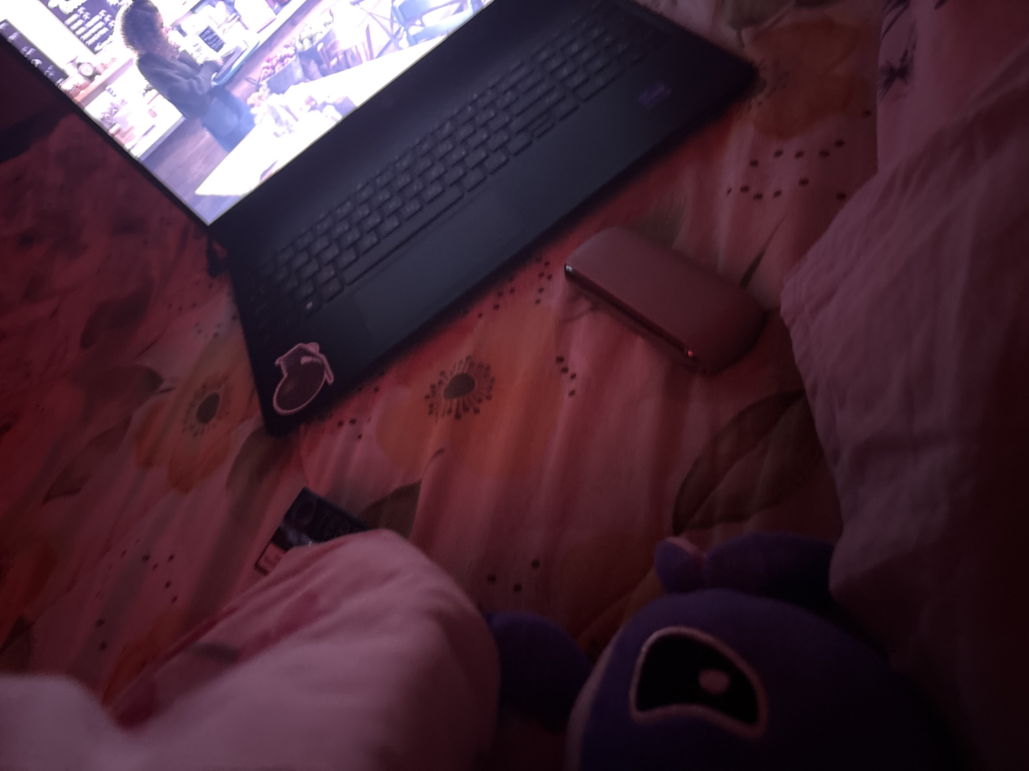 The image shows a laptop open on a bed with a floral patterned bedspread. The screen displays a scene from a cafe or restaurant. Next to the laptop is a mobile phone. In the foreground, there is a plush toy and a pillow. The lighting is dim and appears to be artificial. There is no indication of the location being Garmen, Bulgaria.