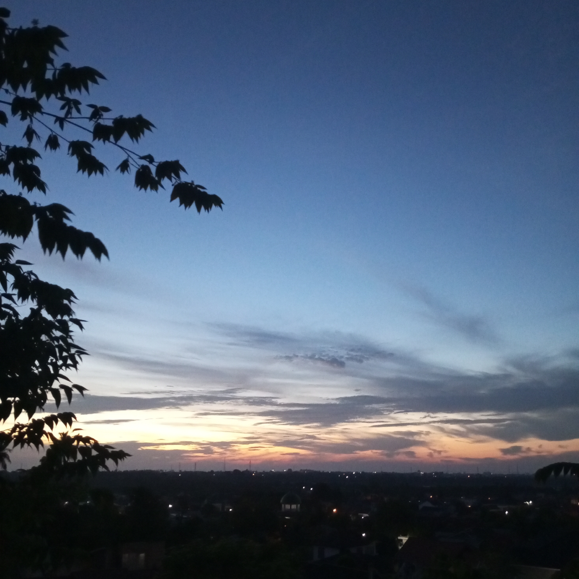 The image presents a twilight scene in Lhokseumawe, Indonesia. A tree branch with dark leaves occupies the left portion of the frame, silhouetted against the sky. The sky transitions from a dark blue at the top to orange and gray near the horizon. A layer of clouds is visible on the horizon. Below the horizon, the landscape appears as a dark, indistinct urban or semi-urban area with a few visible lights suggesting buildings or street lamps. The scene is generally dark, with the remaining sunlight on the horizon.