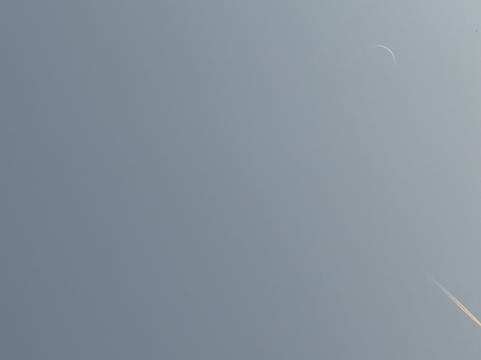 The image shows a pale gray sky in Chaikovsky, Russia. A thin crescent moon is visible in the upper right corner. A faint contrail streaks across the lower right portion of the image.