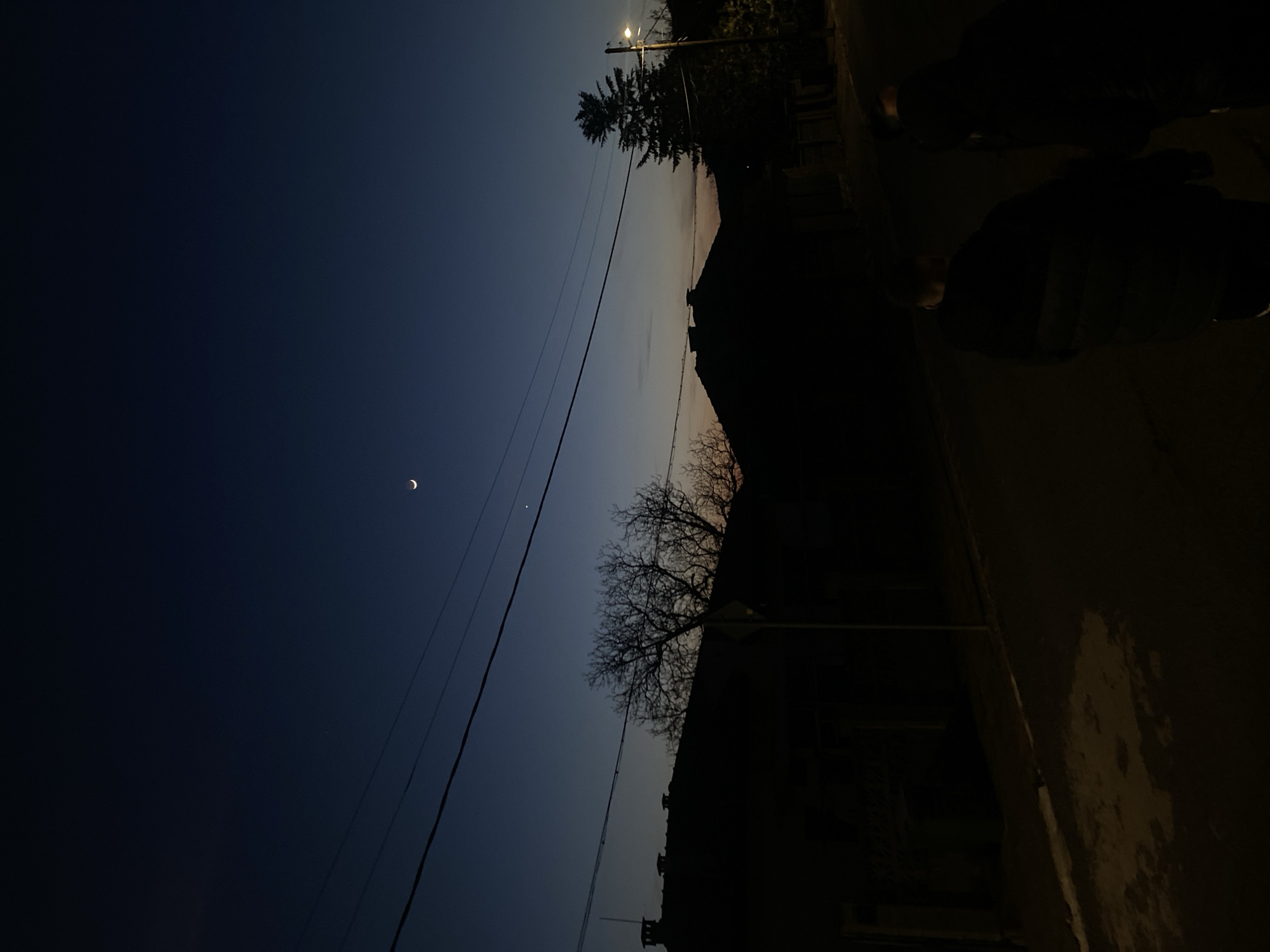 A nighttime scene with a crescent moon visible in the upper-left. Electrical wires run across the sky. Silhouetted trees and buildings line the right side of the image. The street surface is dimly lit, suggesting a residential area. The location is not specified in the image.