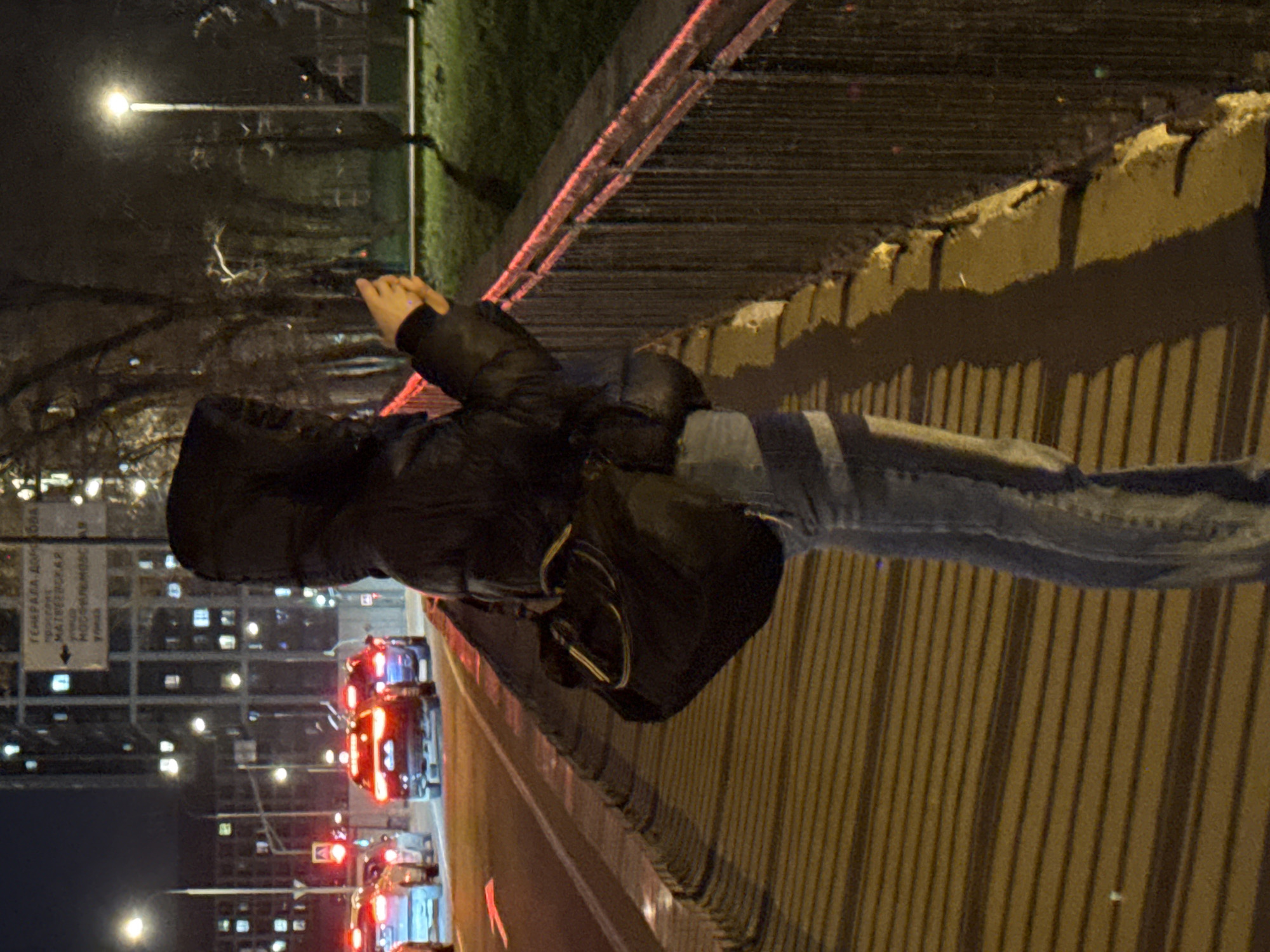 A person stands on a bridge at night. The person wears a dark hooded jacket, jeans, and carries a black bag. The bridge overlooks a road with traffic and illuminated buildings, identified by a signpost as being in Khimki, Russia. Streetlights illuminate the scene.