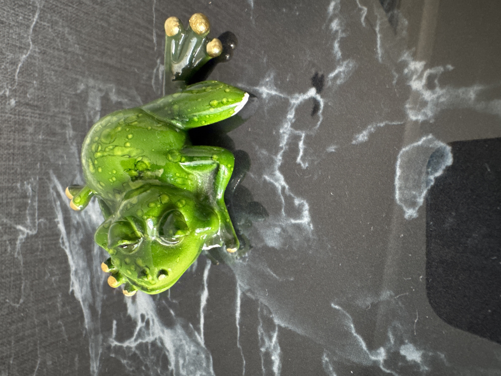 A green ceramic frog figurine with gold-tipped toes lies on its back on a dark, reflective surface with a marble-like pattern. The figurine is detailed, with visible bumps and a glossy finish. The background is dark and appears to be a countertop or table. There is no information or visual evidence to suggest this image is located in Солонешное, Russia, or any other specific city. The scene is static and depicts only the figurine.