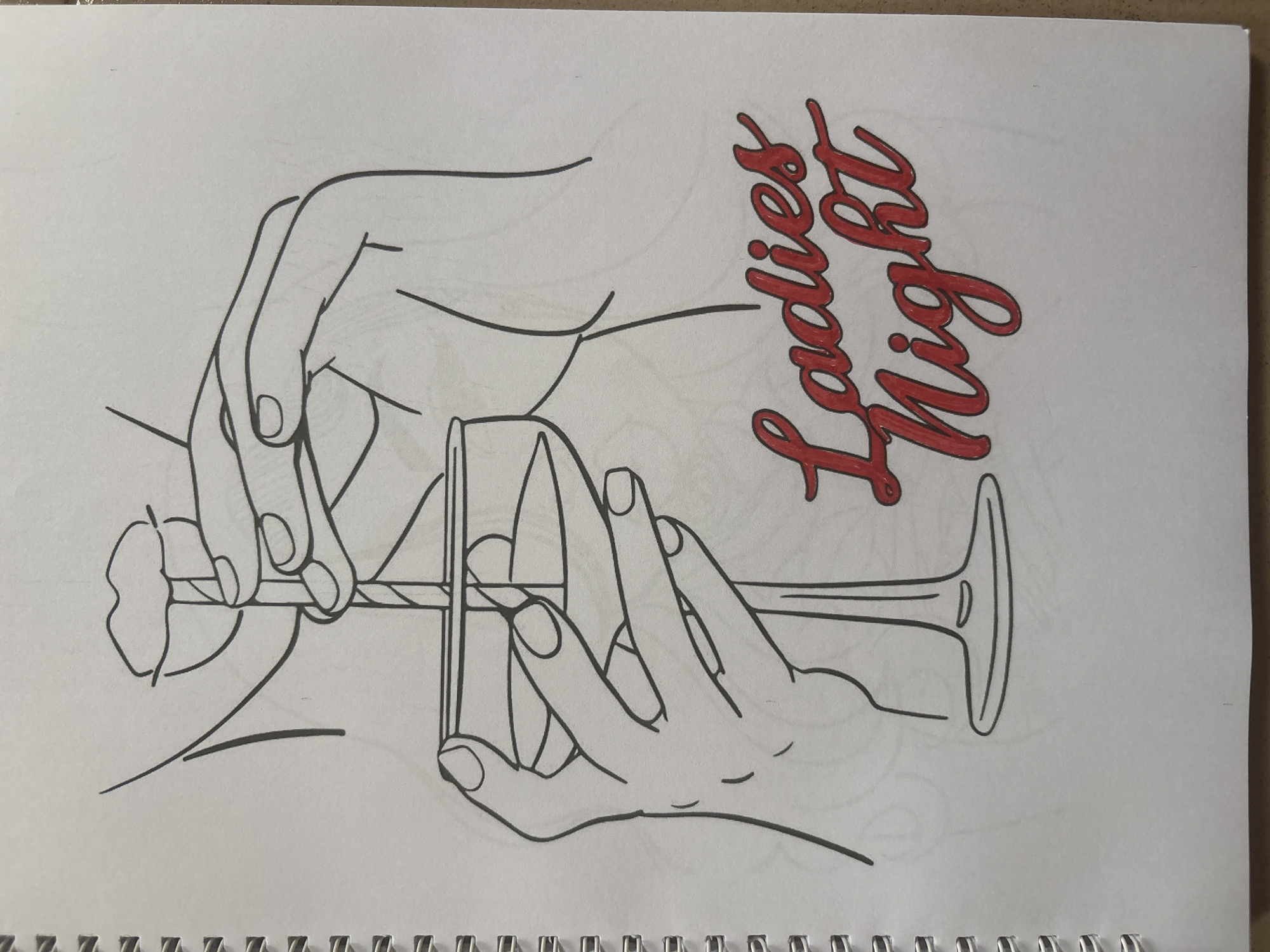 A line drawing depicts a close-up of a person's mouth with lips pursed around a straw, which extends down to a cocktail glass held by two hands. The hands, with manicured nails, grip the stem and bowl of the glass. Red lettering below the drawing reads "Ladies Night". The drawing is on a spiral-bound notebook page. The location of this image in Lafia, Nigeria, is not discernible from the image itself.