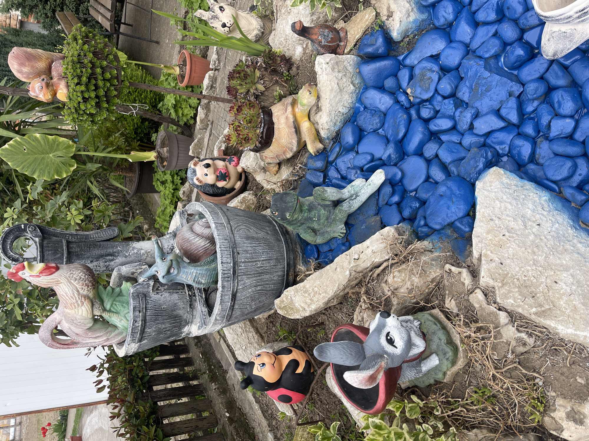 The image depicts a garden scene, likely in Somovit, Bulgaria, featuring a collection of garden ornaments and plants. The focal point is a decorative water feature shaped like a rustic barrel, overflowing with sculpted figures of a rooster and a snail. Adjacent to the water feature, there's an area filled with blue-painted rocks, possibly intended to simulate a stream or pond.
Several other garden ornaments are scattered around the scene, including a hedgehog, a ladybug, a rabbit in a pot, a frog, a turtle, and a squirrel perched above a pot. Various plants, including leafy greens and succulents, are also present. The environment suggests an outdoor garden setting. The presence of a chair and potted plants indicates a well-maintained and decorated personal space.