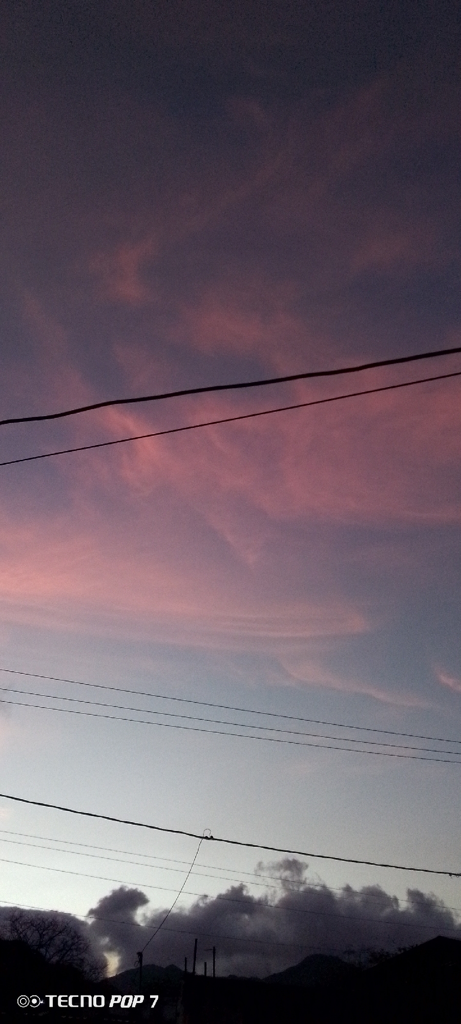 The vertical image captures an early morning or late evening sky over Altagracia, Venezuela, characterized by a striking gradient of colors. The upper portion of the sky is a deep, dark purple-blue, transitioning into vibrant pink and rose-colored clouds in the mid-section. Towards the horizon, the sky fades to a lighter blue-grey.
Several dark, horizontal power lines stretch across the frame, dividing the colorful sky. Below these lines, the landscape is rendered in silhouette against the lighter horizon. Dark, undulating clouds or dense fog are visible just above the distant treeline and what appear to be hills or mountains. The silhouettes of sparse trees and possibly some structures are discernible at the very bottom of the image.
The overall scene depicts a serene dusk or dawn setting. In the bottom left corner, the text "◎◎ TECNO POP 7" is visible, indicating the device used to capture the photograph. No people or specific activities are present in the image.