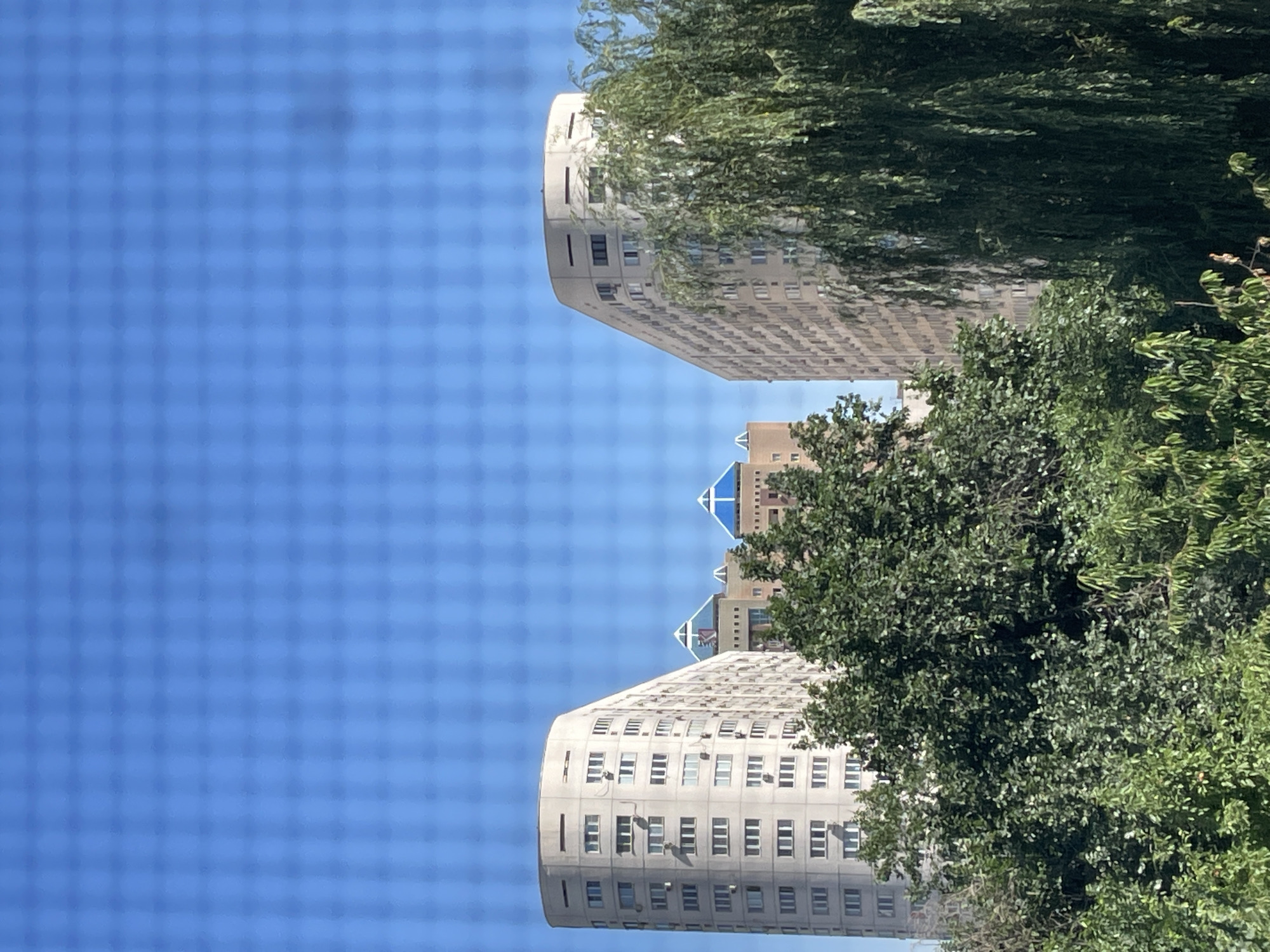 The image depicts a view of buildings and trees against a clear blue sky. The most prominent structures are two tall, beige, curved apartment buildings with numerous windows. Between them, a lower building with a distinctive blue, pyramidal roof is visible. Lush green trees, including a weeping willow on the right, partially obscure the lower portions of the buildings. The image appears to be taken through a screened window, as evidenced by the grid pattern overlaying the scene. Based on architectural styles and the presence of specific buildings, this scene is located in Almaty, Kazakhstan, likely near the Esentai Mall area, where similar architectural designs and green spaces can be found. No people or discernible actions are visible in the image.