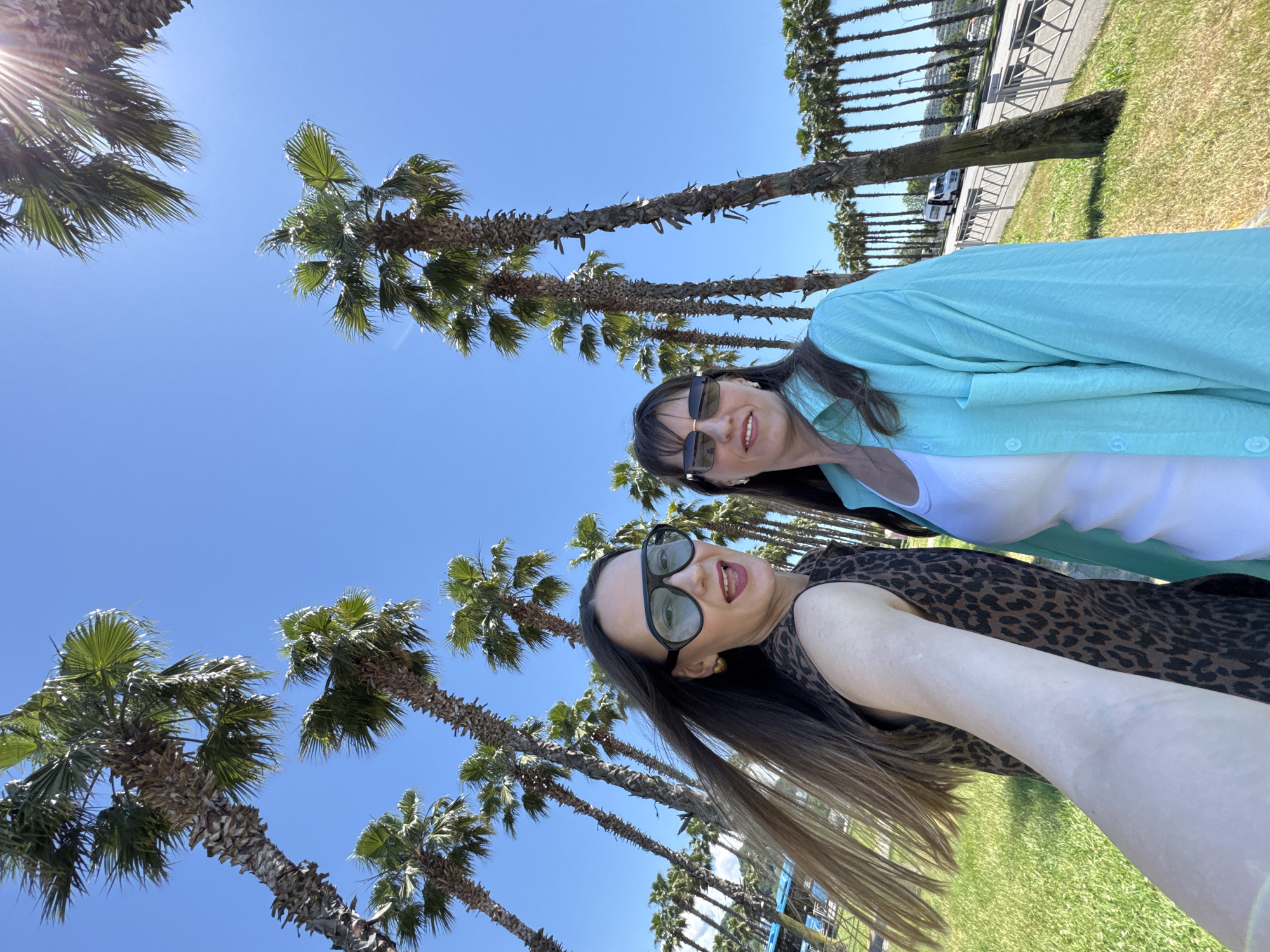 Two women are captured in a low-angle, wide shot from the perspective of a selfie stick against a clear blue sky. They are standing on a grassy area lined with numerous palm trees. The woman on the left, closer to the camera, has long, brown hair that is being blown by the wind. She is wearing large, dark-rimmed sunglasses, gold hoop earrings, and a sleeveless, brown and black leopard-print dress. Her mouth is open, as if speaking or laughing. The woman on the right is wearing dark sunglasses, a white tank top, and an open, light blue, collared shirt. Behind the women, a street with a white van and other vehicles is visible, separated from the grassy area by a metal fence. The background is filled with rows of palm trees, suggesting a coastal or park-like setting within the city of Sirius, Russia. The overall scene conveys a sense of a sunny, outdoor outing.
