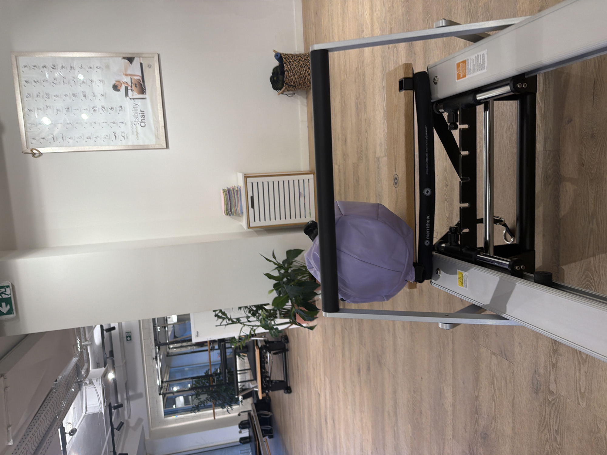 The image depicts the interior of a well-lit Pilates studio, likely located in Boreti, Montenegro. The foreground is dominated by a Pilates reformer machine, with its silver metal frame and wooden carriage. A light purple cushion or bag rests on the carriage. In the middle ground, a tall green plant sits beside a white slatted storage unit. To the left, more Pilates equipment, including reformers, are visible. In the background, a large window offers a view of an outdoor area with some trees. The walls are painted white, and the floor is made of light-colored wood. A framed poster displaying Pilates exercises hangs on the right wall. The scene is clean and organized, suggesting a professional fitness environment. There are no people visible in the image.