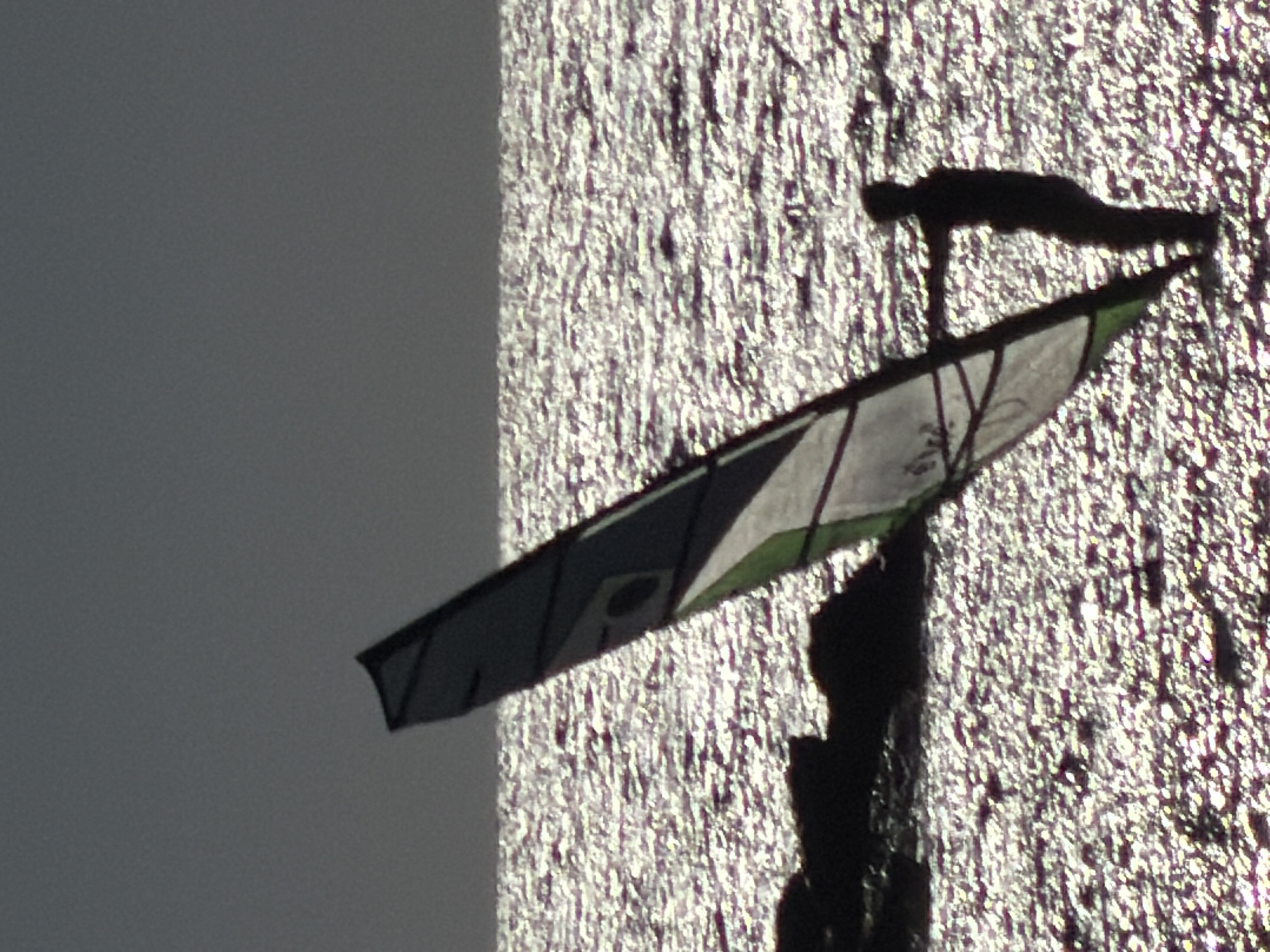 The image captures a kitesurfer engaged in the sport, observed from a perspective that includes the sea and sky. Mentally rotating the image 90 degrees counter-clockwise reveals a clear sky above and the shimmering sea below.
A lone human figure is depicted in stark silhouette against the intensely bright, sun-drenched water. The individual appears to be actively kitesurfing, positioned horizontally as if riding a board or being pulled across the water, with arms extended. A large, multi-paneled power kite, primarily white and grey with visible green accents, extends diagonally across the scene, indicating it is aloft and providing propulsion.
The intense reflections on the water's surface create a sparkling, textured effect, suggesting strong sunlight and clear weather, likely during the morning or late afternoon. The sky, represented by a uniform dark grey area, provides a contrast to the brilliant water. The scene portrays a dynamic outdoor activity in a coastal setting, consistent with the provided location context of Tel-Aviv, Israel. No discernible text is visible on the kite or elsewhere in the image.