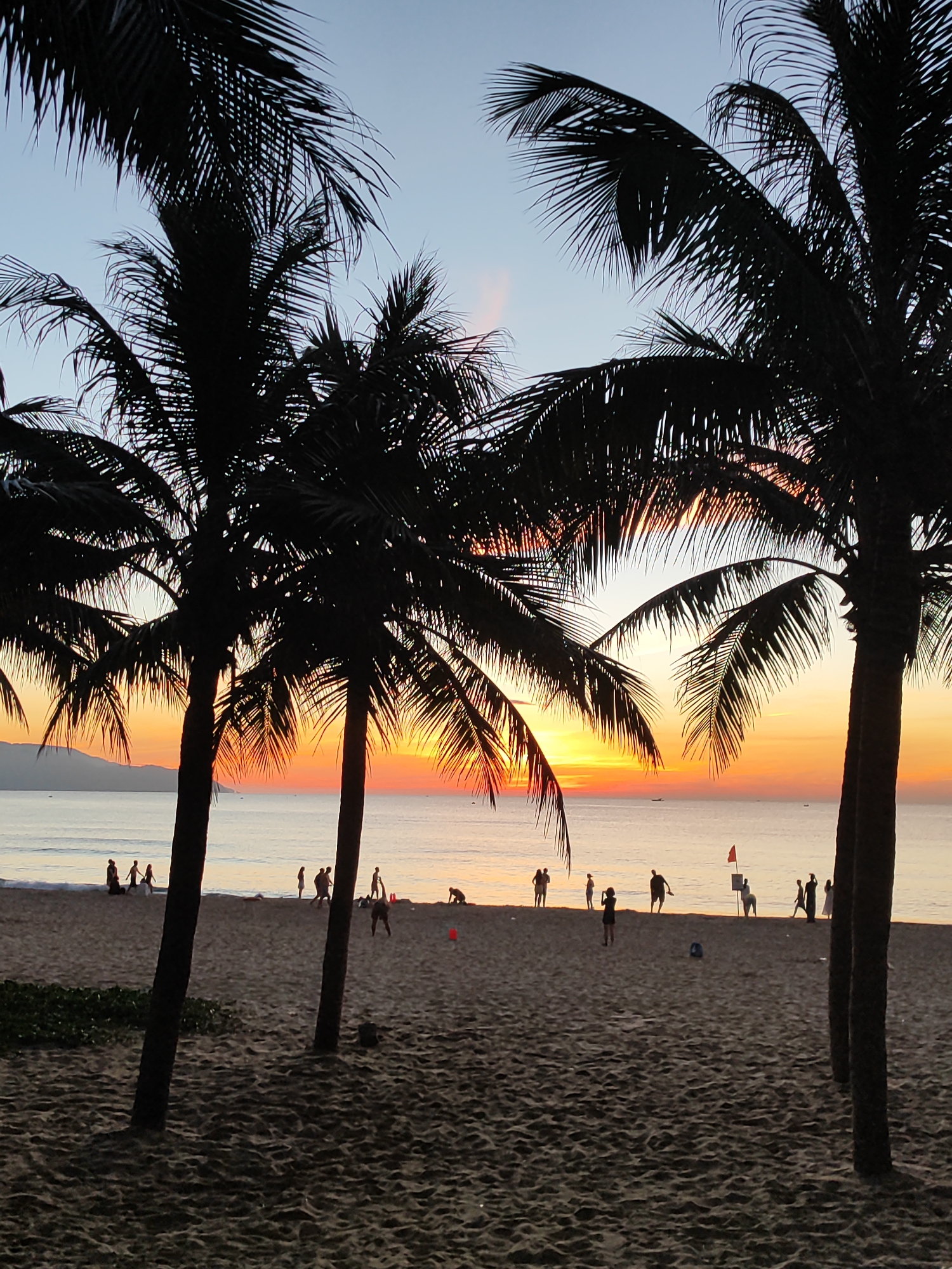 This image depicts a sunset scene on a beach in Đà Nẵng, Vietnam, likely My Khe Beach, known for its expansive sandy shores and iconic palm trees framing the coastline. The foreground is dominated by the dark silhouettes of several large palm trees with their fronds creating a canopy against the vibrant sky. The sand in the foreground is textured and appears slightly damp, suggesting it is close to the water's edge.
In the midground, a line of people are scattered across the beach. Some are walking, while others appear to be standing or engaged in activities, their forms also silhouetted against the brighter background. Among the group, a few individuals are closer to the water, some with what appear to be children. There is a red flag on a pole near the center of the beach.
The background features the calm ocean reflecting the warm hues of the sunset. The sky transitions from a bright orange and yellow at the horizon, where the sun is setting, to a soft blue higher up. Distant landforms, possibly mountains or hills, can be seen as faint silhouettes against the sky on the left side of the image. Small boats are visible on the water in the distance. The overall atmosphere is serene and picturesque, characteristic of a tropical beach at dusk.