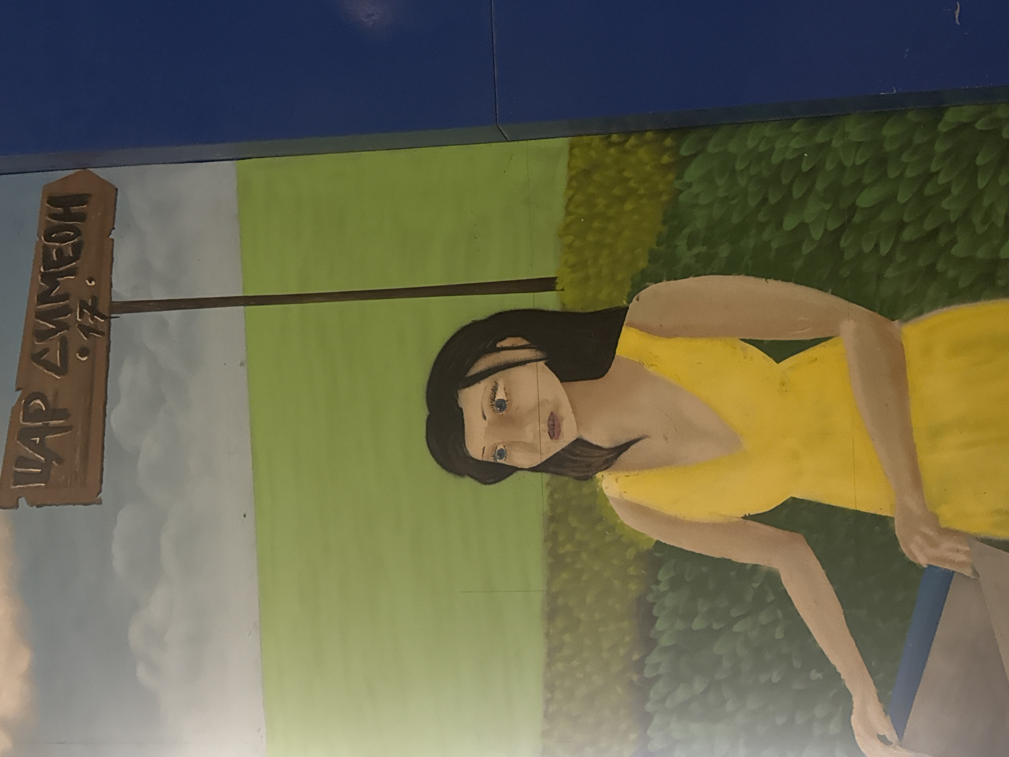 The image is a mural, possibly on a wall or floor, depicting a scene with a woman and a signpost. The woman is rendered in a cartoon style, wearing a yellow dress. Her hair is dark, and she appears to be looking at the viewer. The signpost reads "IAP. DYMEON." There's a light blue portion at the top of the image, possibly part of the building where the mural is located. The background of the scene appears to be a landscape with green foliage. Varna, Bulgaria, is mentioned, suggesting the mural is located there.