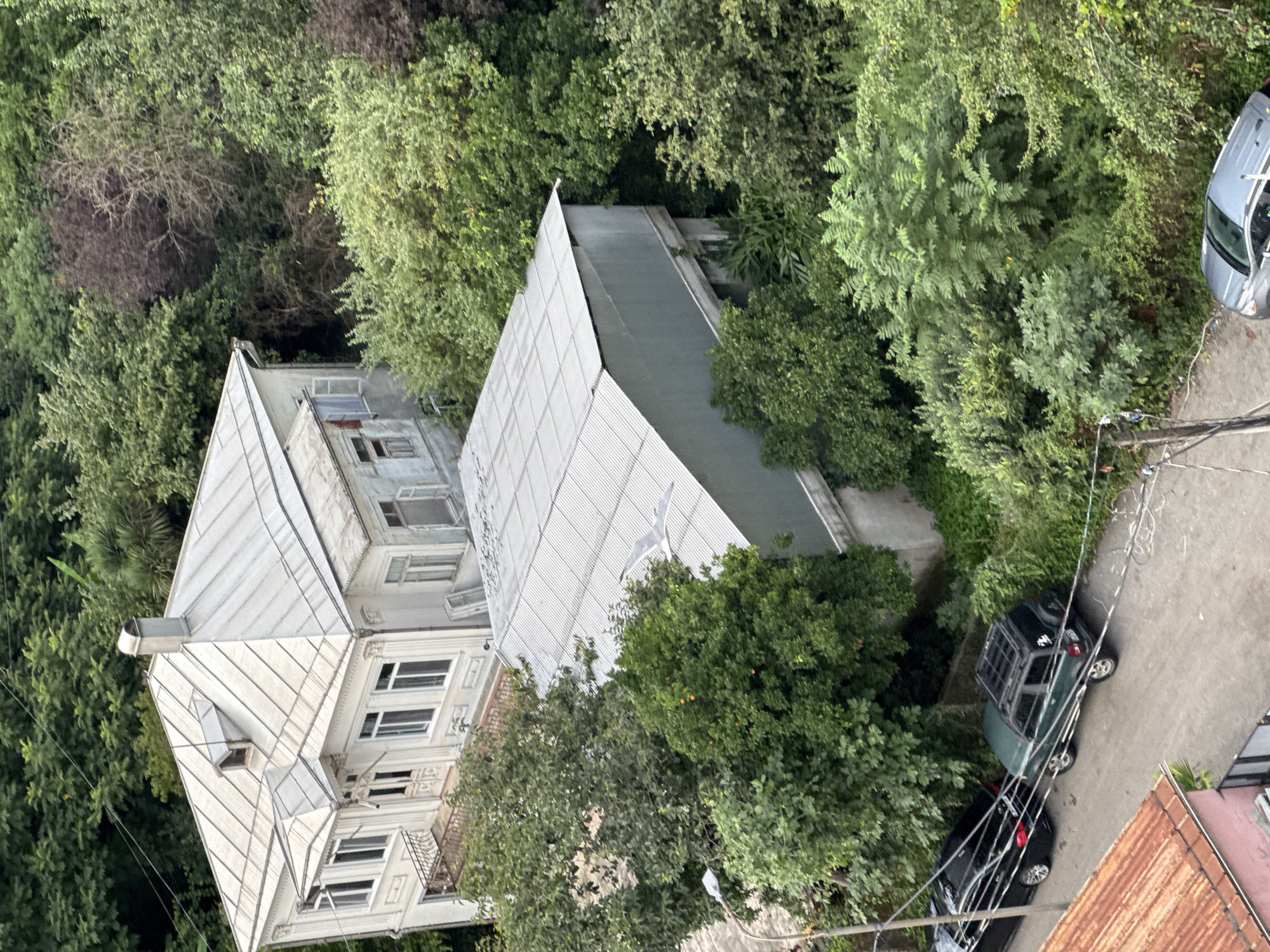 An aerial view captures a residential scene in Batumi, Georgia, dominated by lush greenery and several buildings. In the upper left, a two-story, light-colored house with a white metal roof and multiple windows is partially obscured by dense trees. Adjacent to it, to the right and slightly lower, is a long, single-story structure with a corrugated metal roof. Two vehicles are parked on a paved road in the lower left of the frame: a black sedan and a green SUV with a roof rack. A third vehicle, a grey sedan, is visible on the road in the lower right. The environment is characterized by abundant trees and foliage, indicating a possibly overgrown or natural setting within the city. Wires are visible crisscrossing the scene, suggesting utility infrastructure.