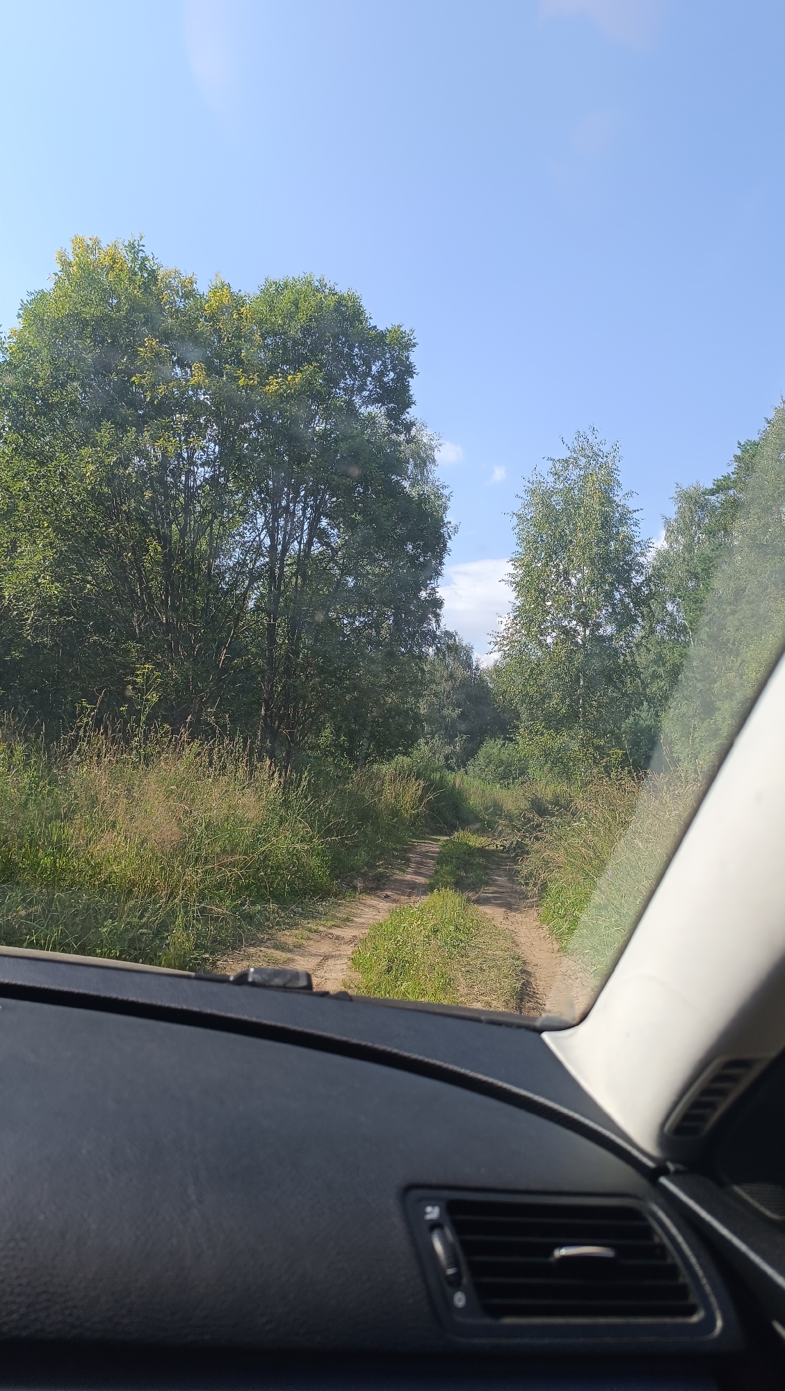 The image depicts a view from inside a vehicle looking out at a dirt road winding through a forest. The road is flanked by tall green grass and trees. The sky is blue with a few scattered clouds. The interior of the car, including the dashboard and an air vent, is visible in the foreground. The scene appears to be in a rural or natural setting, with no indication of a specific city or location within Karsha, Russia.