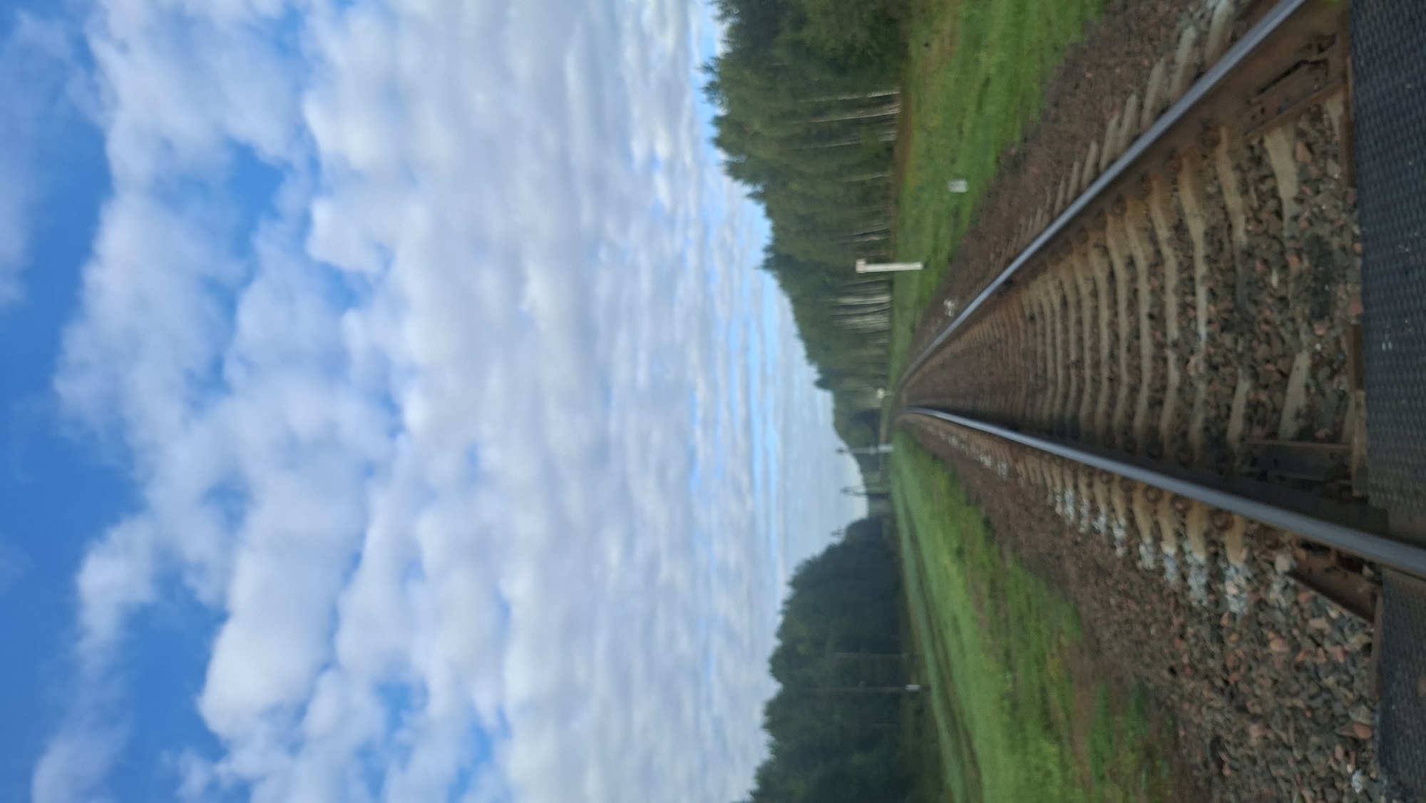 The image depicts a view of a railway track receding into the distance. The track is surrounded by lush green grass and dense trees on either side. The sky is a vibrant blue, dotted with fluffy white clouds. The scene appears to be in a rural setting, possibly in the vicinity of Парафʼянаўскі сельскі Савет, Belarus, given the presence of a railway and the natural landscape. There are no people or vehicles visible in the image. The composition suggests a moment of stillness and tranquility in the natural environment.