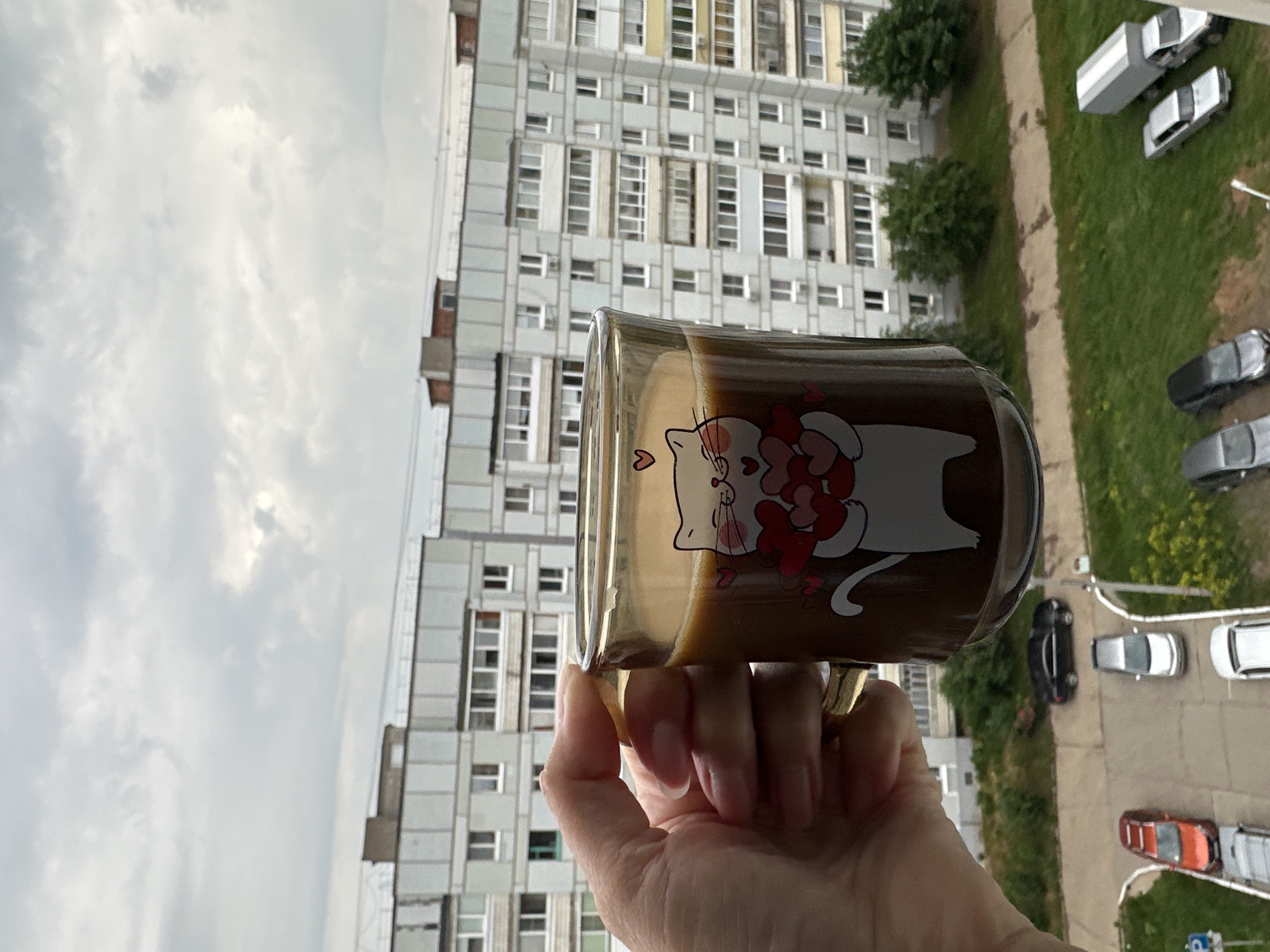 A person's hand holds a glass mug of coffee in front of a grey, cloudy sky. The mug has a white cartoon cat design with pink hearts. In the background, a tall, grey apartment building with many windows stretches across the frame. Below the building, a green grassy area borders a paved area with several parked cars, including a red car, a silver car, and a black sedan. The scene appears to be a view from a window or balcony in the city of Chaikovsky, Russia.
