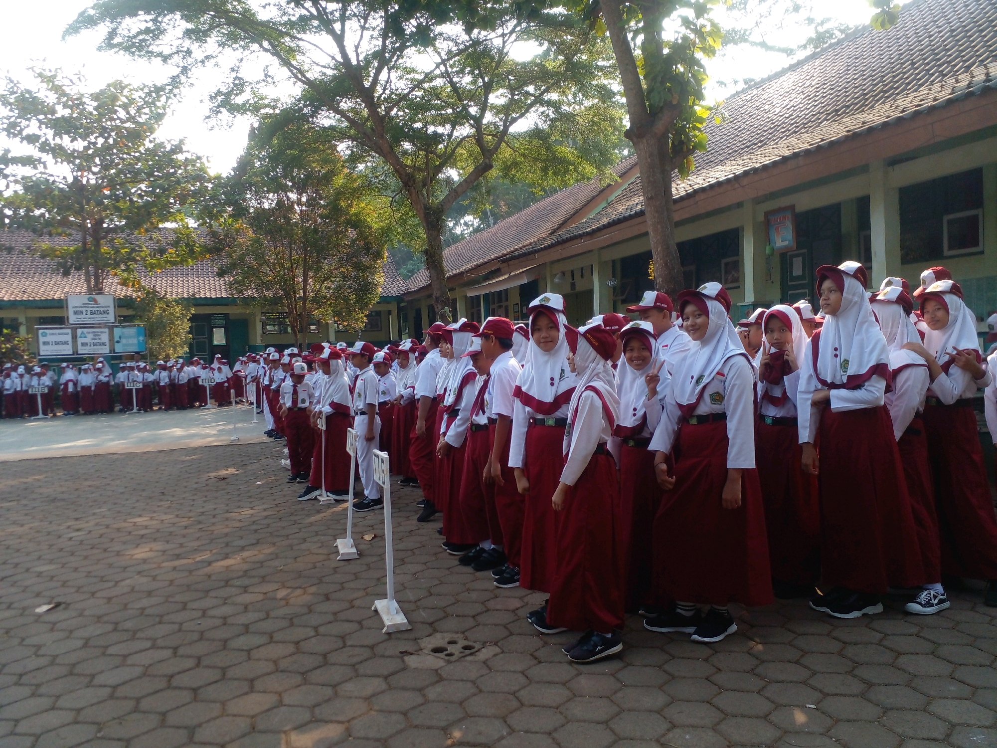 In Banyuputih, Indonesia, a group of students in school uniforms stand in a line on a paved courtyard. The uniforms consist of white shirts and maroon skirts or pants, with maroon headscarves for some of the students. The students appear to be in an outdoor assembly, possibly for a school event, as they are arranged in neat rows. Behind the students is a building with a tiled roof and open-air corridors, typical of Indonesian school architecture. Trees with lush green foliage are visible in the background, suggesting a sunny day with pleasant weather. The ground is paved with hexagonal interlocking concrete blocks. A few white posts with white bases are strategically placed in front of the students, possibly for marking boundaries or as part of a ceremonial setup. The overall scene depicts a typical school day in a suburban or rural Indonesian setting.