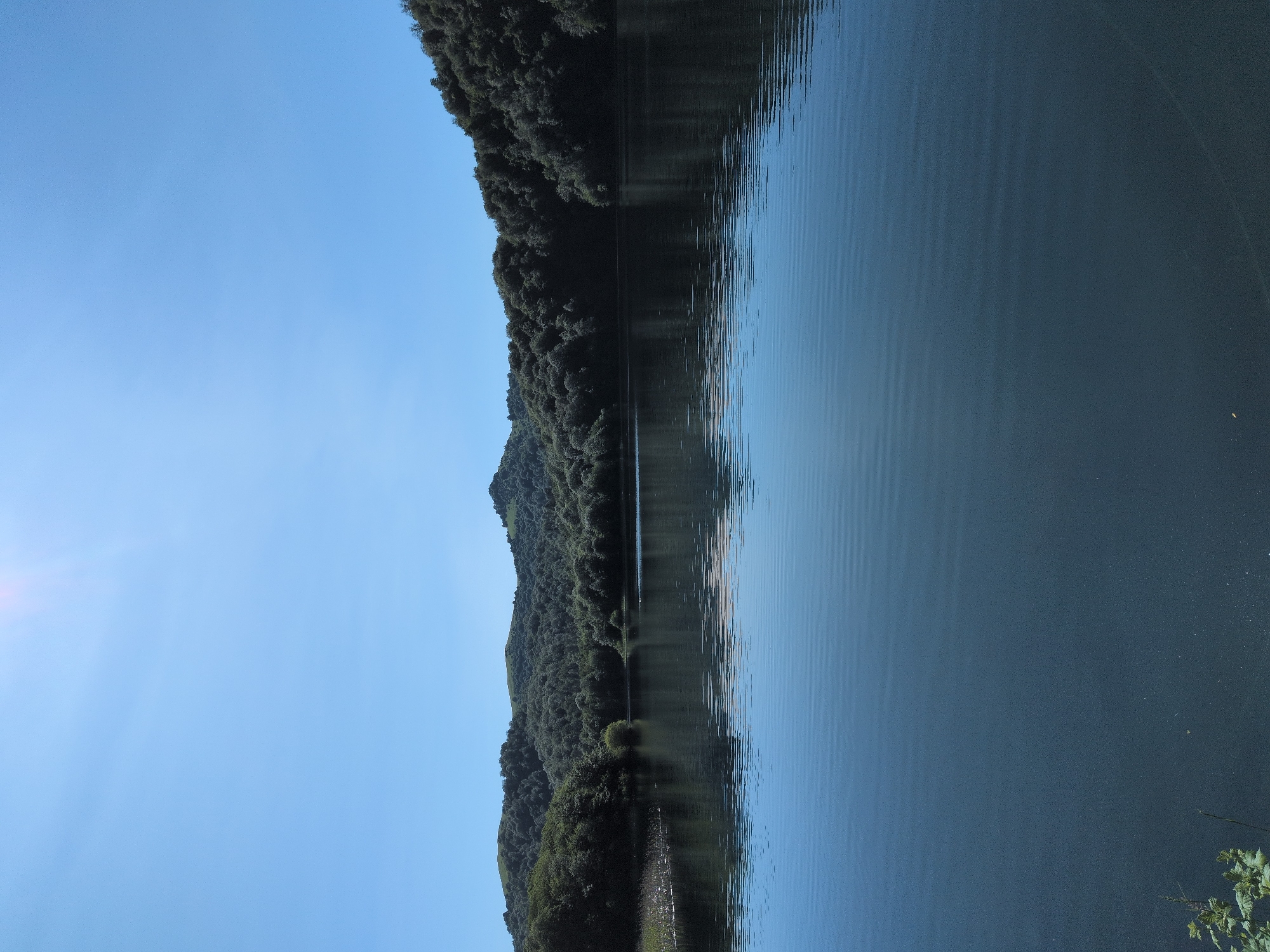 A serene, panoramic view of a calm lake is depicted under a clear blue sky. The foreground of the image features the tranquil surface of the lake, with subtle ripples creating a textured pattern that reflects the light. The midground showcases a dense, lush forest that encircles the lake, with the trees creating a dark green band against the brighter sky. Beyond the immediate treeline, rolling hills covered in vegetation rise gently, their contours softened by distance and the lush greenery. The sky is a vibrant, cloudless blue, with a subtle lens flare visible in the upper right quadrant, suggesting the presence of the sun. The scene appears to be a natural landscape, possibly a reservoir or a mountain lake, located in or near the city of Toğanalı, Azerbaijan. There are no people or man-made structures visible in the frame, emphasizing the untouched, natural beauty of the environment.