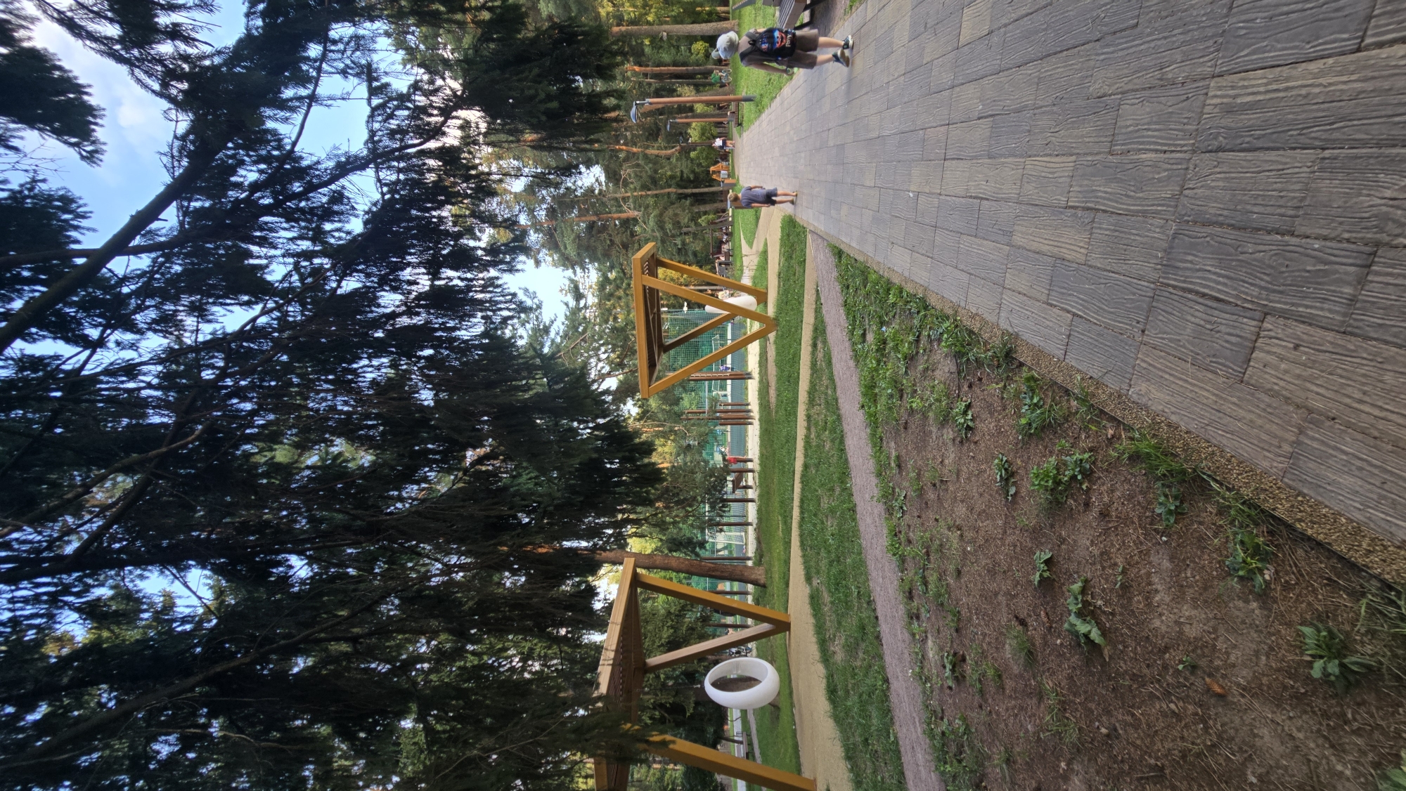 This is a photograph taken in Il'inskiy, Russia, depicting a park area. The foreground is dominated by a paved walkway made of rectangular, wood-patterned gray stones. To the left of the walkway is a patch of unkempt ground with sparse green vegetation and dry soil. Further to the left, there is a gravel path running parallel to the walkway, and beyond that, a grassy area. In the mid-ground, there are two modern, triangular wooden structures, each with a flat top and angled supports. One of these structures has a white, circular swing hanging from it. Behind these structures, a sports court with a net is visible, and there are several trees. In the background, more trees form a dense canopy, with glimpses of a bright blue sky through the branches.
Two young boys are walking away from the camera on the paved walkway. The boy on the right is wearing a dark t-shirt, shorts, and a backpack with a colorful design, and a cap. The boy on the left is wearing a dark t-shirt and shorts. Further down the walkway, other people and bicycles can be seen in the distance. Streetlights are positioned along the right side of the walkway. The overall lighting suggests it is daytime, likely late afternoon due to the angle of the shadows.