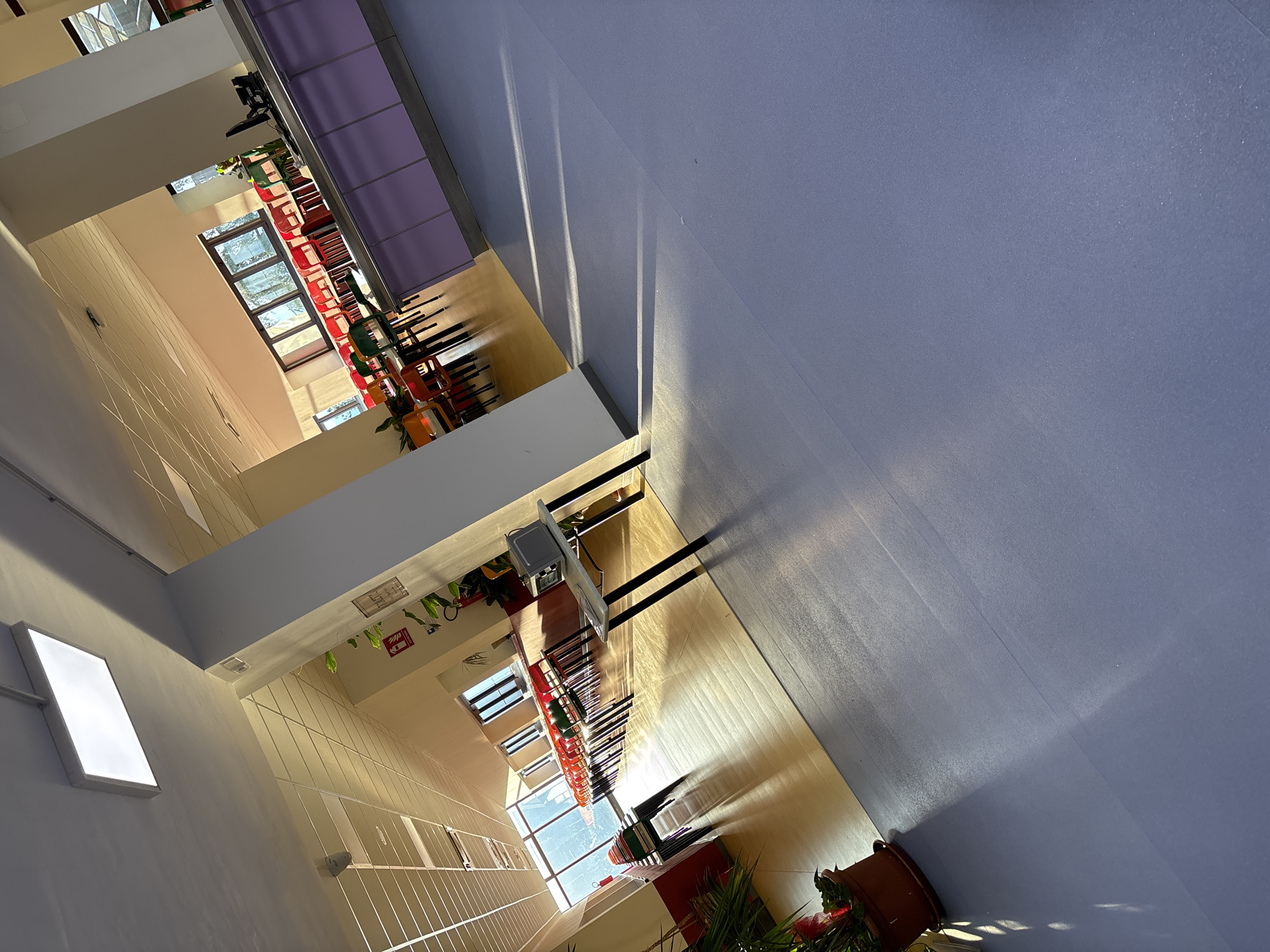 This media file presents a brightly lit, multi-level indoor space, likely a cafeteria or common area in a modern building, situated in Camerino, Italy. The primary image is rotated 90 degrees clockwise, offering a top-down perspective into the area, with crops providing closer views of specific sections.
The setting features light-colored walls, some with subtle geometric patterns of diagonal lines, and a light-toned wooden or cream-colored floor. A prominent feature is a section of walls or panels colored in a distinct purple hue. Large windows allow ample natural sunlight to stream in, creating long, sharp shadows across the floor and walls, suggesting it is daytime with direct sun exposure.
The space is furnished with numerous tables and chairs, predominantly with red and some green seating, indicating it's designed for dining or gathering. Potted plants, some with red flowers, are strategically placed as decor. Architectural elements include white railings separating levels and exposed structural beams. Visible objects include a square, bright white light fixture on a wall, a ceiling-mounted monitor or TV screen, and a red fire extinguisher. Near the fire extinguisher, a white sign with a red border is visible, displaying the universal "running man" symbol and the word "USCITA" (Italian for Exit), along with another similar "EXIT" sign.
No people are visible in the image, suggesting the area is empty at the time the photo was taken, though it is clearly set up for use. The overall impression is one of a clean, modern, and well-lit communal space.