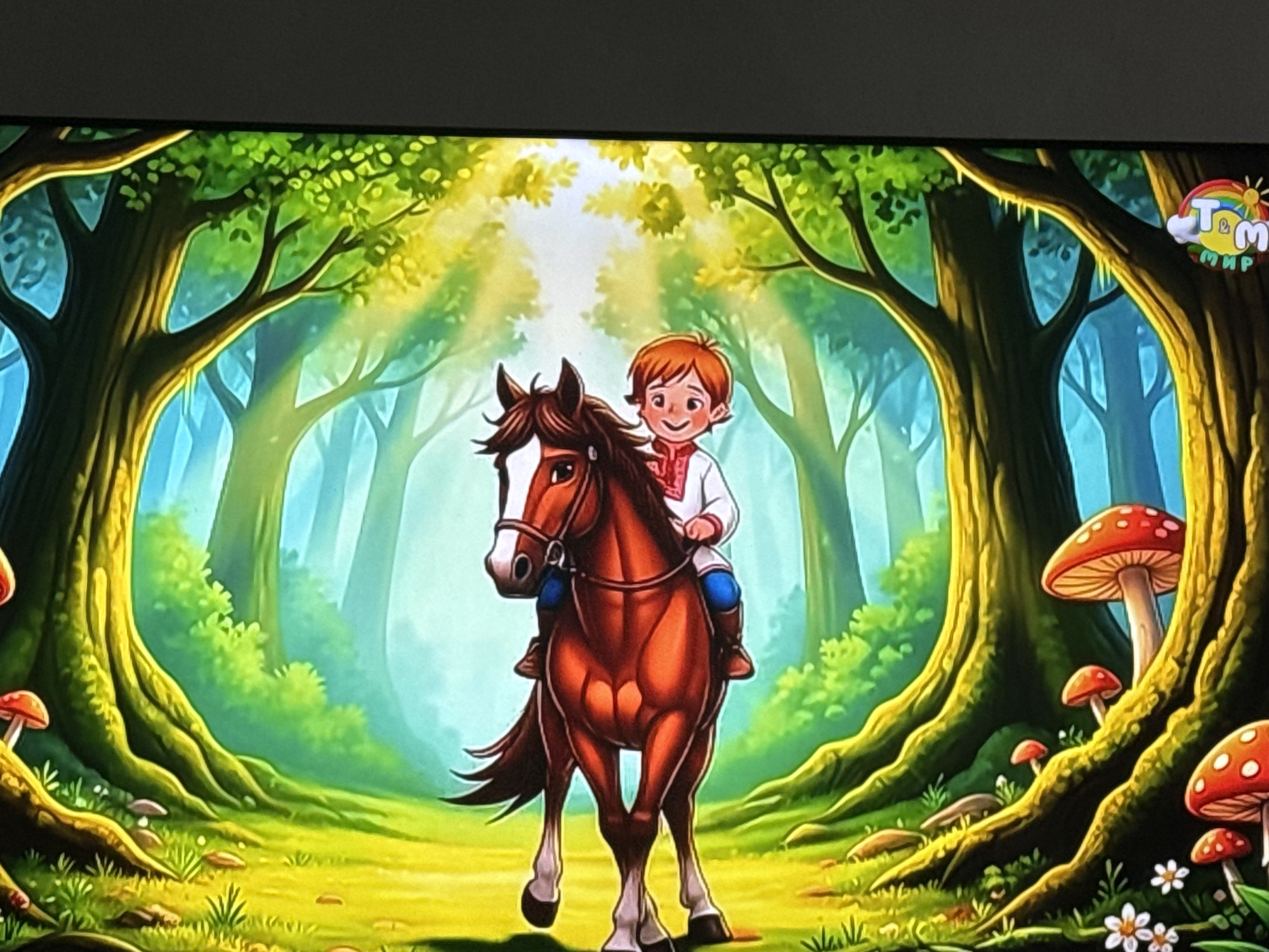 The image depicts a cartoon scene set in a vibrant, stylized forest. In the foreground, a young boy with auburn hair, wearing a red and white embroidered shirt and blue trousers, rides a brown horse. The horse has a white blaze on its face and a dark mane and tail. They are positioned centrally, walking on a sunlit grassy path. The forest is characterized by large, gnarled trees with bright green foliage that create an arching canopy overhead. Sunlight streams through the leaves, casting dappled patterns on the ground. Several large, red-capped mushrooms with white spots are scattered throughout the scene, particularly near the bases of the trees. Small white flowers are also visible in the grass. In the upper right corner, a colorful logo featuring a rainbow, a sun, and the text "Том МИР" is present. The overall impression is one of a whimsical, enchanted woodland. There is no indication of the city of Chardara, Uzbekistan, within the image.