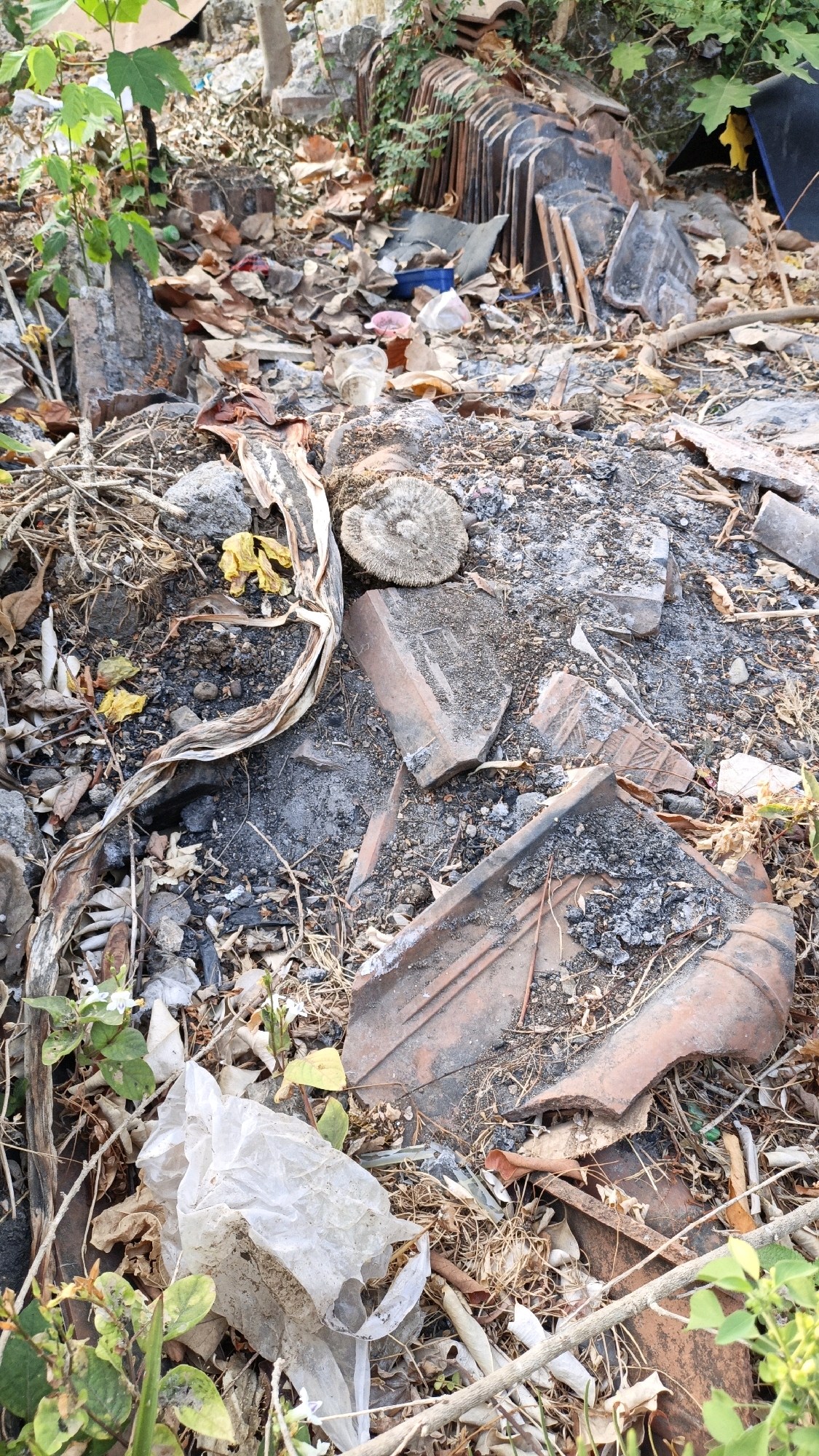 The image shows a close-up of debris on the ground, likely in an outdoor area. The scene is characterized by a mix of natural and man-made materials. Scattered across the uneven surface are broken pieces of terracotta tiles, greyish rubble, dried leaves, twigs, and a white plastic bag. Some green vegetation is also visible, pushing through the debris. The overall impression is one of neglect and disarray. The location is specified as Cikal, Indonesia. There are no people or identifiable actions depicted.