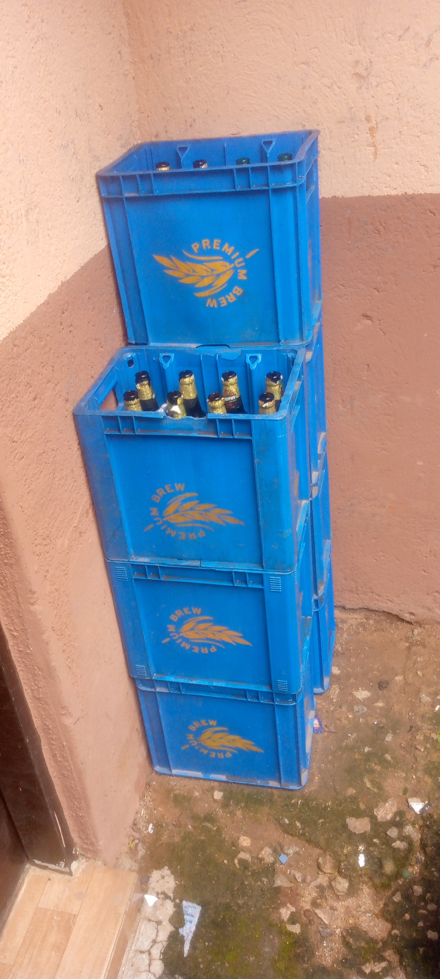 In a narrow alleyway, three blue plastic crates containing beer bottles are stacked against a rough, textured wall. The crates have the "PREMIUM BREW" logo printed in yellow on their sides. The top crate is open, revealing several bottles with gold foil caps. The ground is dirt and gravel, with some scattered debris. The lighting suggests it is daytime, with some shadows present. The overall impression is one of outdoor storage, likely in a commercial or residential back area.