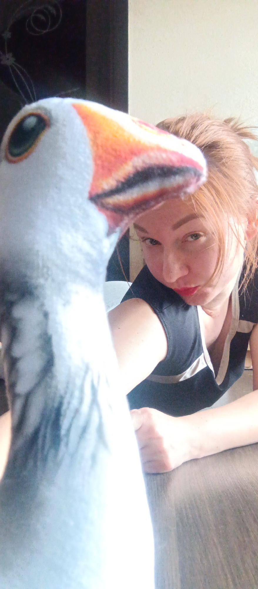 The image captures a playful indoor scene featuring a woman and a prominent plush toy. In the immediate foreground, largely out of focus, is a grey and white goose-like plush toy with an orange and red beak and a dark eye. It occupies the left and central portion of the frame, creating a sense of closeness to the viewer.
Behind the plush toy, a woman with reddish-brown hair, pulled back or up, is partially visible. She has a fair complexion, and visible freckles on her face. Her lips are painted with red lipstick and are slightly pursed in a playful or coy expression, while her visible left eye looks towards the camera. She is wearing a dark-colored top, likely black, with a light stripe detail. Her posture suggests she is leaning forward, possibly resting on a surface.
The background elements indicate an indoor setting. Behind the woman's head, there's a plain, light-colored wall or surface, while to her left, a darker surface with subtle decorative swirls is visible. A light brown, flat surface, possibly a table or floor, can be seen in the lower part of the image, beneath the woman's arms. The lighting is bright and even, suggesting it is daytime. There is no visible text in the image. The scene conveys a lighthearted and intimate moment.