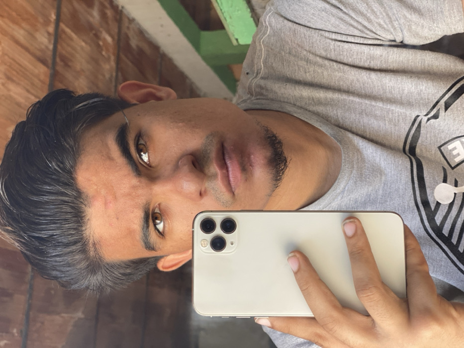 A young man takes a selfie in a mirror, holding a gold-colored iPhone. He's wearing a gray t-shirt. His dark hair is styled back, and he has striking brown eyes. The background includes a brick wall and a green painted wooden structure. The angle of the photo is slightly tilted, giving a casual, relaxed feel.