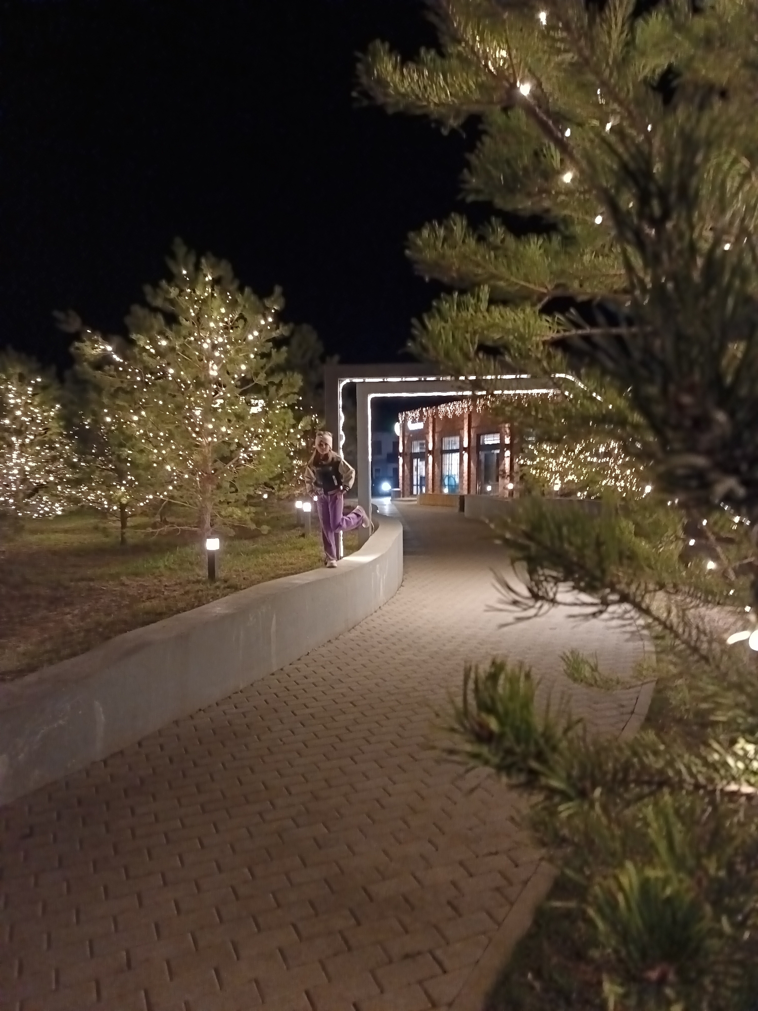 The photograph depicts a nighttime scene, likely taken in Osa, Russia, during a holiday or festive season given the extensive use of decorative lighting. A young individual, dressed in a light-colored jacket and lavender-colored pants, is standing on a low, concrete retaining wall that runs alongside a brick-paved walkway.
The walkway leads toward a building or structure that is also illuminated with decorative lights. Several evergreen trees are adorned with small, warm-toned lights, creating a celebratory atmosphere. Small, ground-level lights are interspersed along the lawn adjacent to the walkway, providing additional illumination. The foreground is partially obscured by the out-of-focus branches of another evergreen tree, also decorated with lights. The overall setting appears to be a well-maintained, possibly public, space, potentially a park or plaza.
