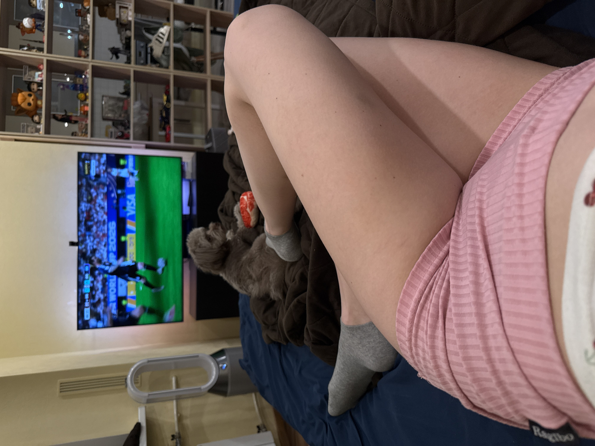 An adult female is lying on a bed, facing away from the camera, with her legs crossed. She is wearing pink striped shorts and grey socks. Next to her is a small, light brown, poodle-like dog sitting on a brown blanket. In the background, a large television screen displays a soccer match, with players visible on a green field. To the left of the television is a white Dyson air purifier. To the right of the television is a large, multi-shelf bookcase filled with various objects, including figurines and decorative items. The scene appears to be indoors, likely in a bedroom.