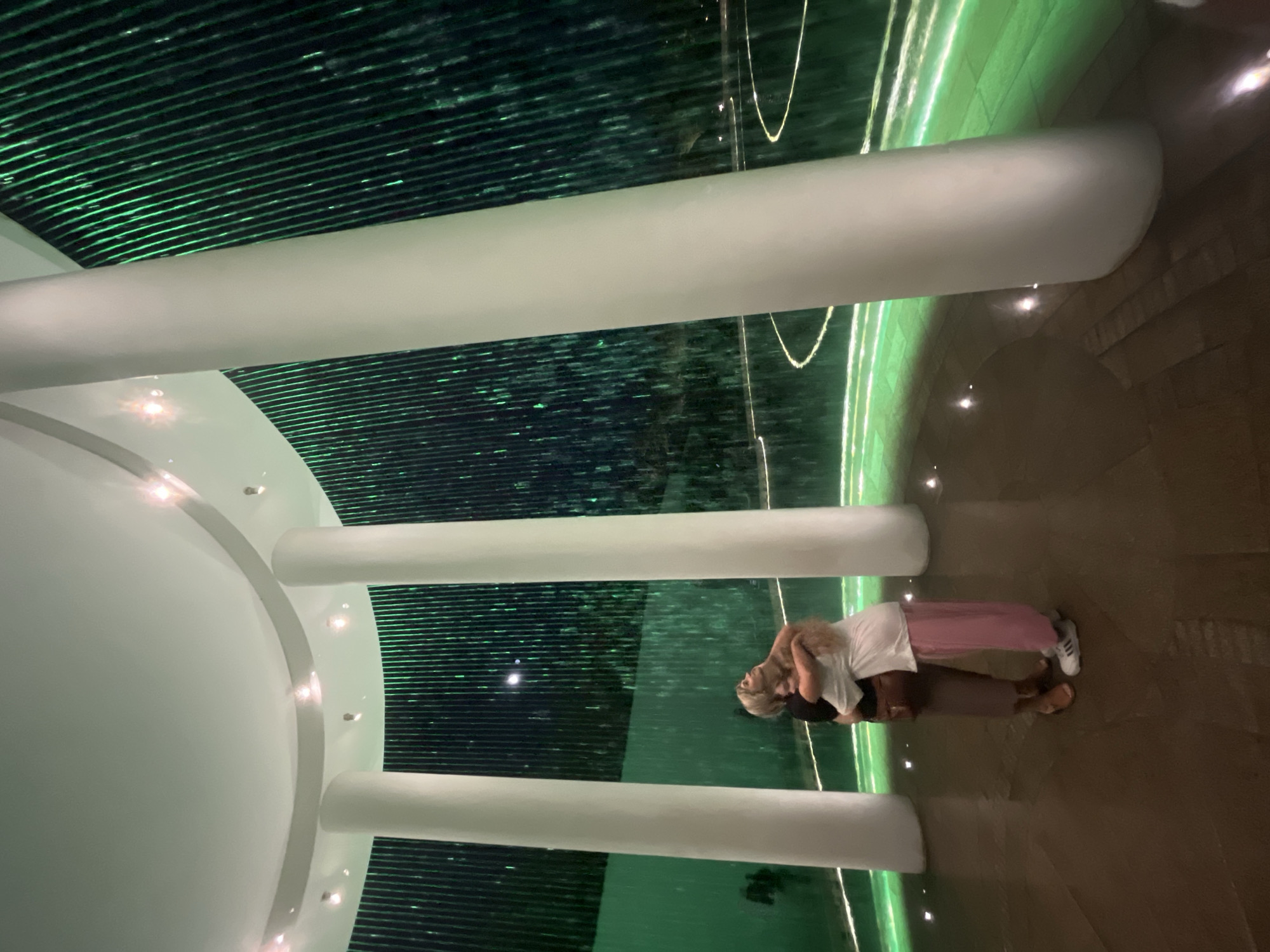 Two individuals are embracing each other in what appears to be an indoor space with striking architectural features and lighting. The scene is dominated by large, white cylindrical columns that rise towards a ceiling with a distinctive pattern of thin, parallel lines illuminated in vibrant green. This green lighting creates a futuristic or ethereal ambiance. The floor is reflective, showing the patterns of the ceiling and columns, as well as the figures of the people.
The two subjects are positioned towards the right side of the frame, with one person standing and embracing the other who is slightly lower down, possibly sitting or being held. The person on top has light-colored hair and is wearing a white top and a long, light pink skirt. Their arms are around the other person, suggesting an intimate or comforting gesture. The other person is less clearly visible, but appears to be wearing darker clothing.
The overall mood conveyed by the image is one of tenderness and connection, amplified by the dramatic and perhaps slightly surreal environment. The green light and reflective surfaces contribute to a visually captivating scene. The time of day is not discernible, and the weather is irrelevant as the scene is indoors. There are no visible signs or text within the image. The location context of Krasnodar, Russia, does not provide specific visual cues within this particular image.