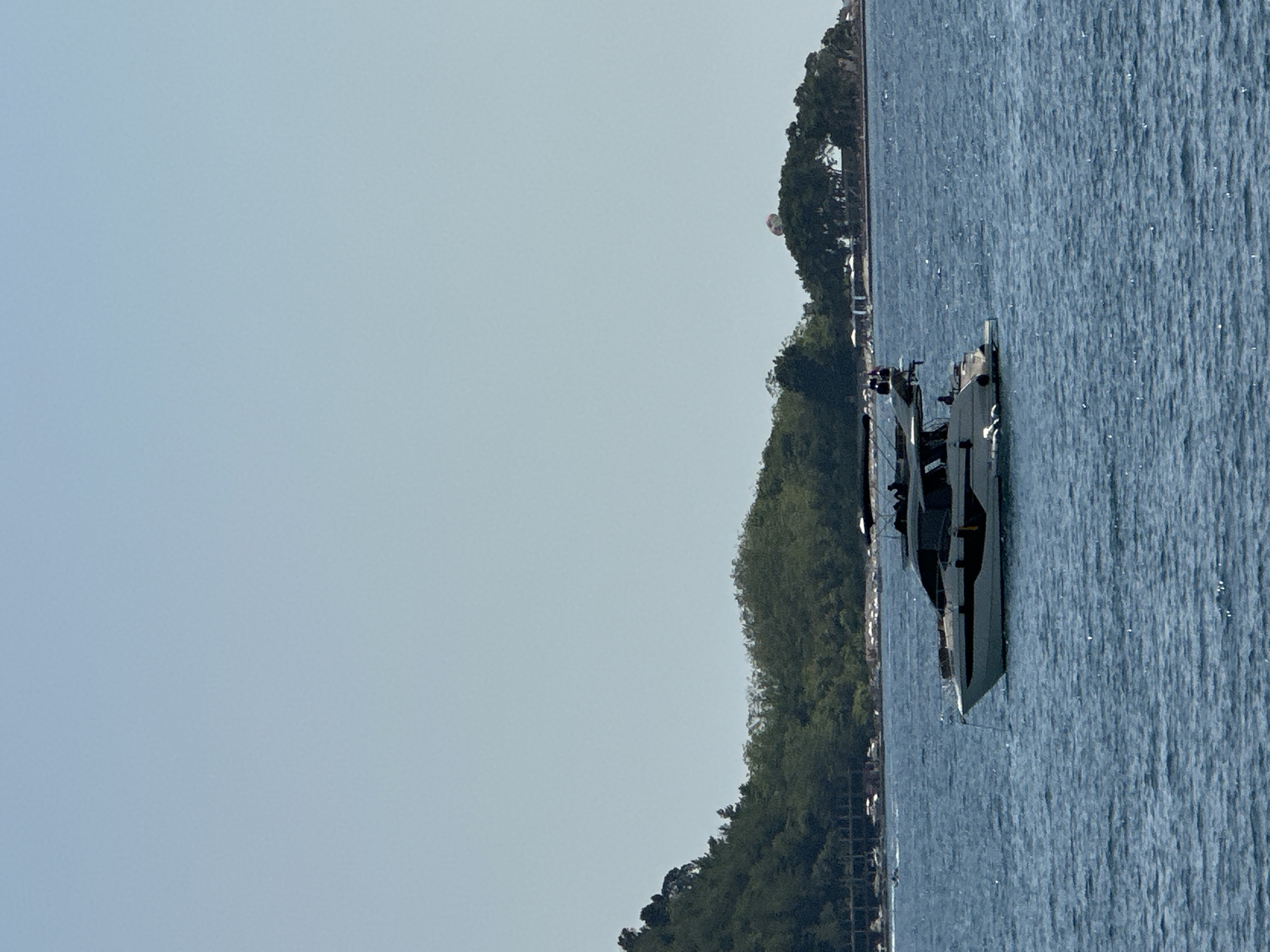 This is a vertically oriented, low-angle photograph taken on a bright, clear day, likely in the late morning or early afternoon. The scene depicts a calm, deep blue body of water, possibly the Adriatic Sea, with a distinct ripple pattern across its surface. On the right side of the frame, a sleek, dark-colored yacht is anchored or moored close to shore. The yacht has a modern design with dark tinted windows and appears to be relatively large.
In the background, a lush, green hillside slopes down towards the water, densely covered with trees. The vegetation creates a vibrant contrast with the blue of the sea and sky. On the left side of the image, the sky is a pale, cloudless blue, occupying a significant portion of the frame. There are no people clearly visible, but the presence of the yacht suggests recreational activity. The overall impression is one of tranquility and natural beauty, characteristic of a Mediterranean coastal setting. The location context of Budva, Montenegro, aligns with the visual cues of clear blue waters, green hills, and the presence of yachts. There is no visible text in the image.