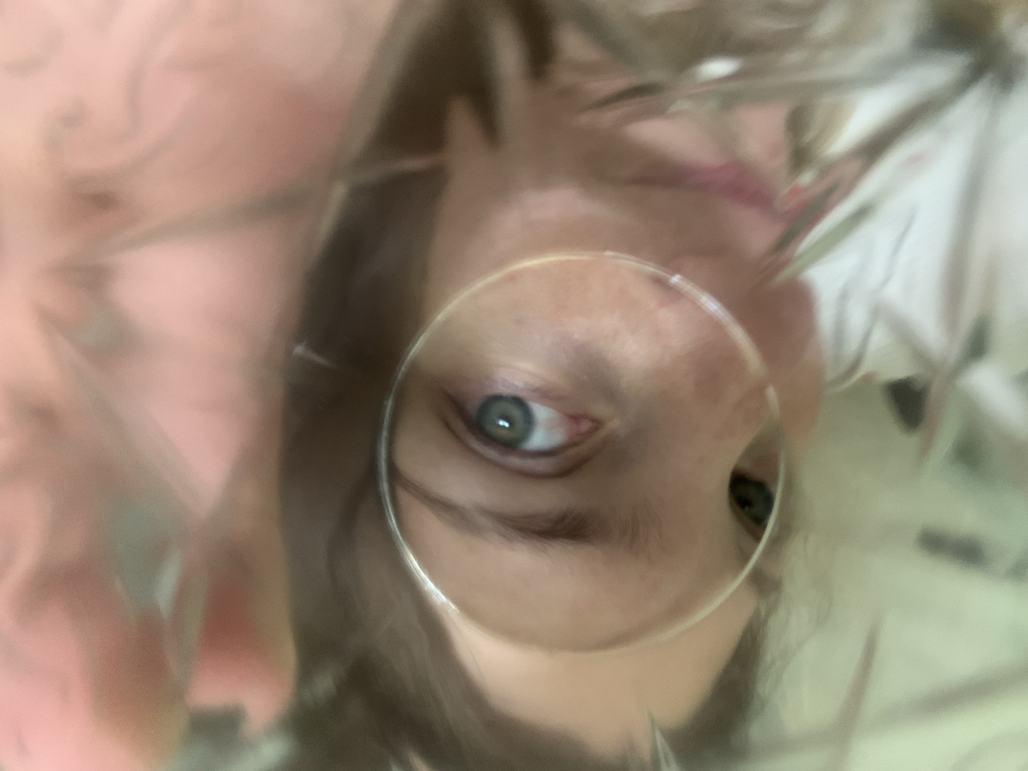 A person's face is seen through a round magnifying glass. The person has light skin, eyebrows, and eyes. One eye is framed by the magnifying glass. The background is blurred and distorted. There is no indication that the image was taken in the city of Chaikovsky, Russia.