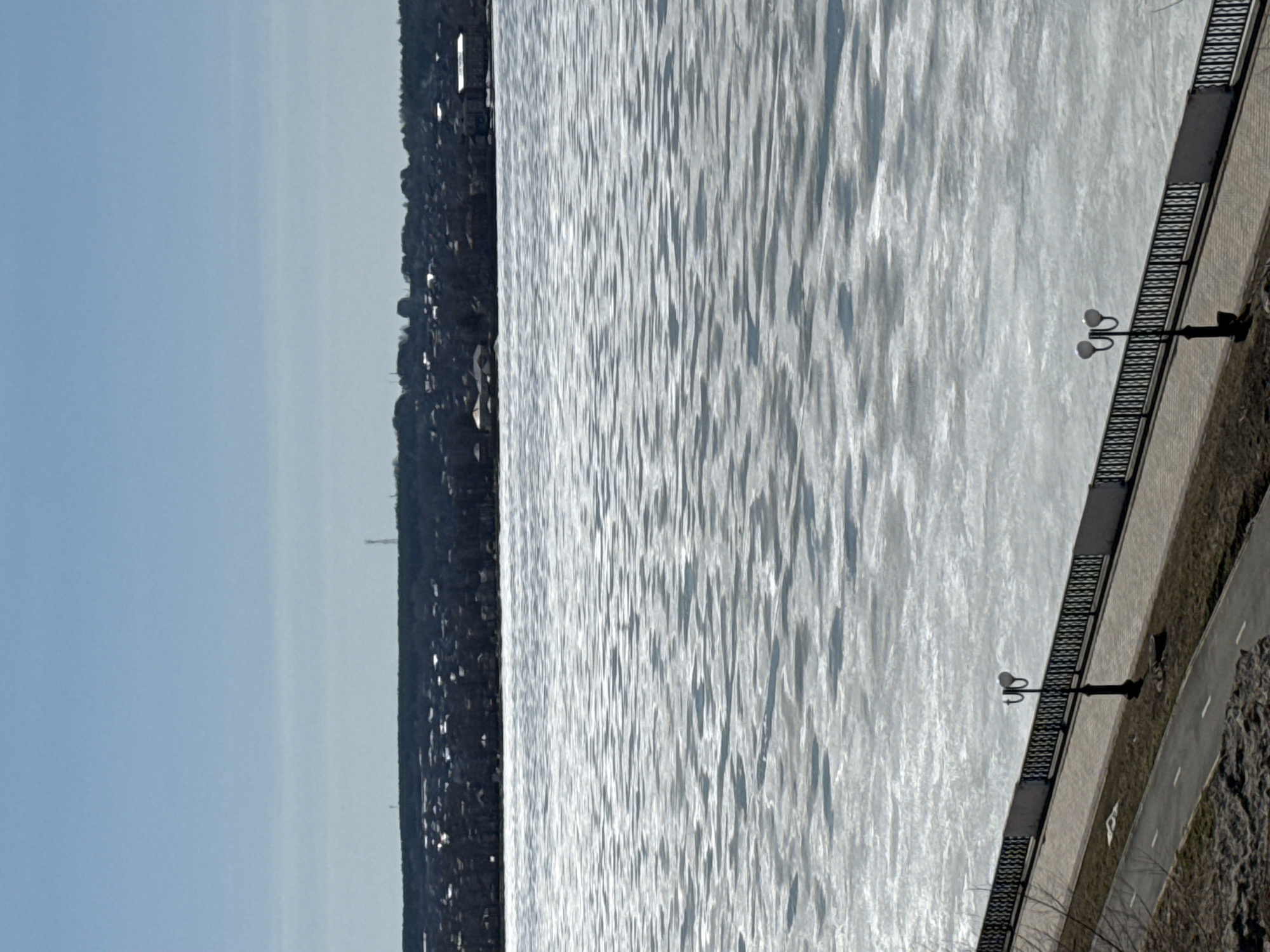 The image shows a view of the Votkinsk reservoir from the city of Votkinsk, Russia. The reservoir is largely covered with ice and displays a textured, slightly rippled surface. On the far left is the shoreline with an outline of buildings and trees. On the right side of the image is a paved walkway and a metal railing with decorative lampposts. The sky is clear and light blue.