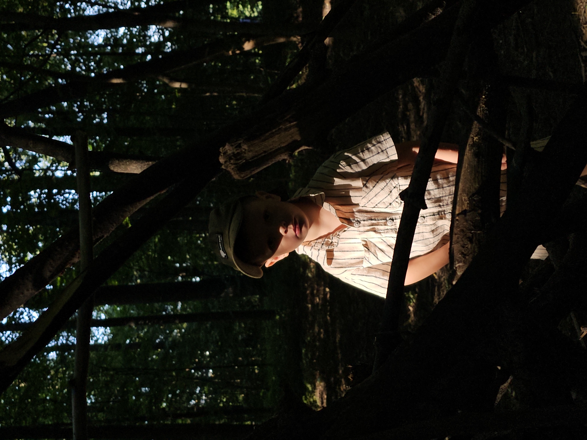 A young boy wearing a light-colored, striped short-sleeved shirt and a dark green baseball cap stands partially obscured by shadowed branches in a forest setting. Sunlight illuminates his face and the front of his shirt. The background consists of dense trees and foliage, suggesting a natural, outdoor environment. There is no indication of the image's location in Moscow, Russia.