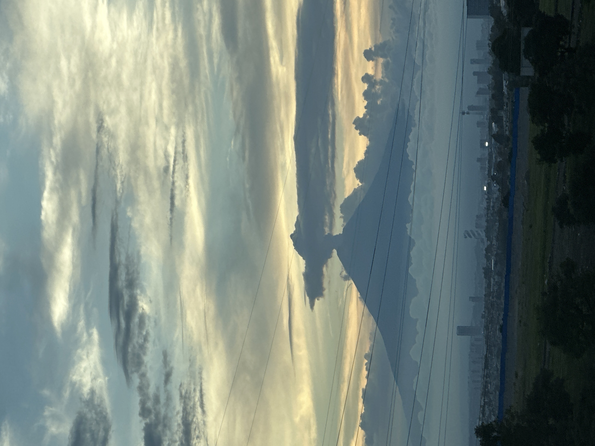 The image displays a vast sky at what appears to be either sunrise or sunset, rotated ninety degrees clockwise from its likely original orientation. In its intended horizontal view, the upper portion of the frame is dominated by a dramatic skyscape filled with varied cloud formations.
The sky is a blend of pale blues, soft grays, and warm golden-yellow hues, indicating dawn or dusk. Streaky, wispy clouds catch the golden light, creating long, bright patterns, while other clouds appear darker and more voluminous.
Stretching horizontally across the mid-ground are multiple dark utility lines, likely power lines, which crisscross the frame. Below these lines, a prominent, semi-transparent, dark triangular silhouette, possibly a mountain or large distant structure, occupies a significant portion of the scene, partially obscuring the background.
On the distant horizon, a hazy city skyline is visible, featuring numerous tall buildings and skyscrapers. Some small, bright artificial lights are discernible within the cityscape. To the right, dark green and shadowy foliage or land masses form the immediate foreground, anchoring the scene.
The overall impression is one of a serene yet expansive landscape, capturing the atmospheric beauty of the sky over a distant urban area, framed by foreground infrastructure and a notable, enigmatic silhouette. No text is visible in the image.