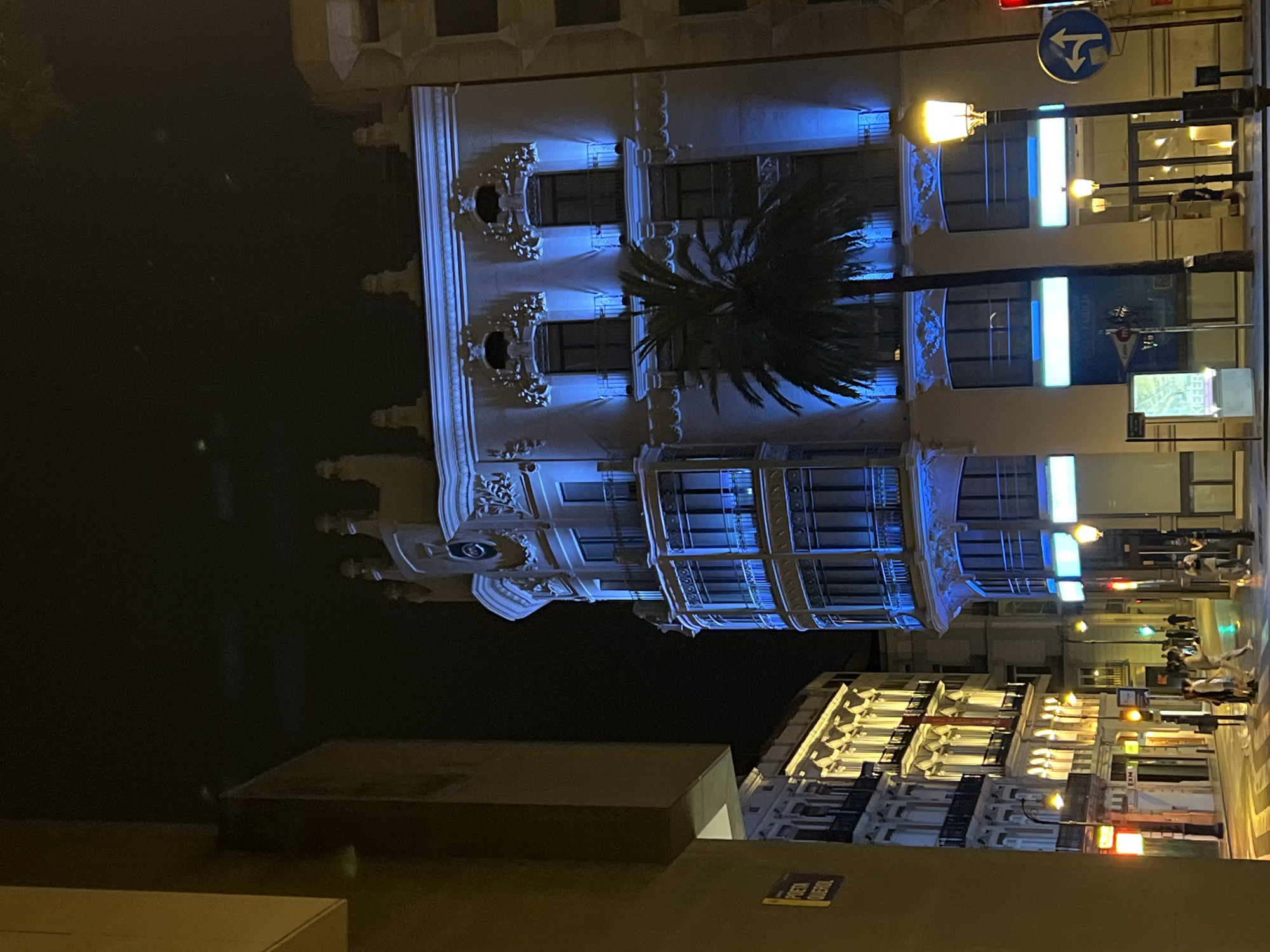 The image shows a nighttime street scene in València, Spain. A prominent building, illuminated with blue light, dominates the composition; it features ornate architectural details and a palm tree in front. Next to the building, there is a street lamp and a blue and white directional sign pointing left. The street is visible, with other buildings and pedestrians visible in the background, under warm lighting. A building in the foreground has a sign indicating the location.