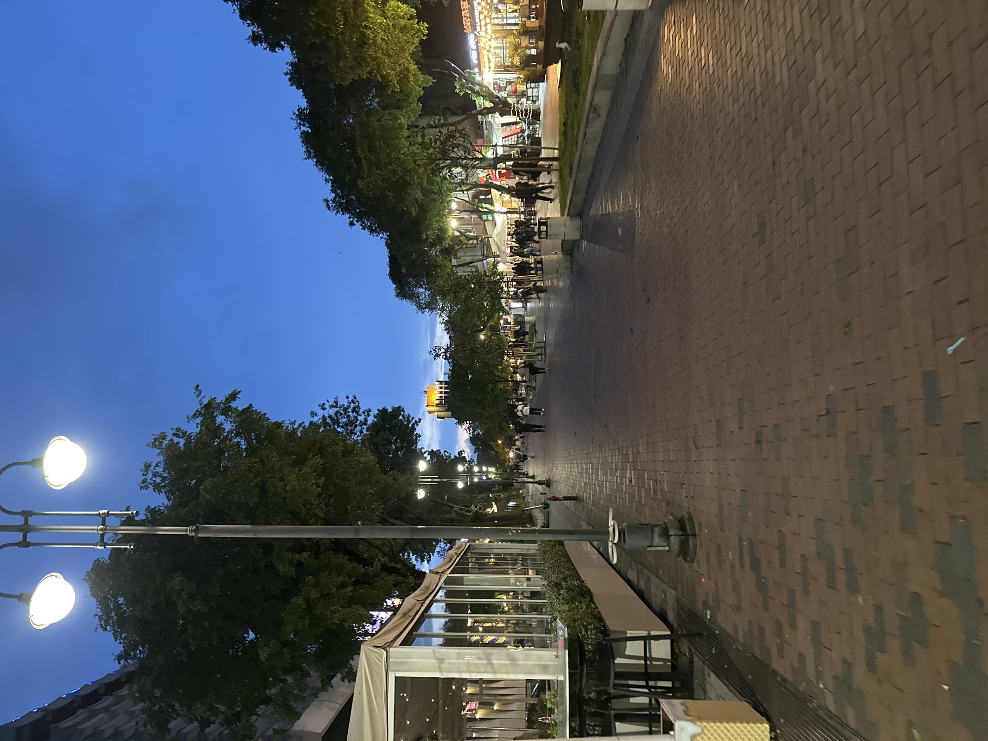 The image shows a nighttime scene on a pedestrianized street in Varna, Bulgaria. The street is paved with red brick. It is lined with trees and streetlights. Many people are visible in the distance, sitting at tables of what appear to be cafes and restaurants. On the right is a low curb. On the left, a building with many windows runs along the street. The sky is a deep blue, suggesting dusk or early evening. The streetlights are on.