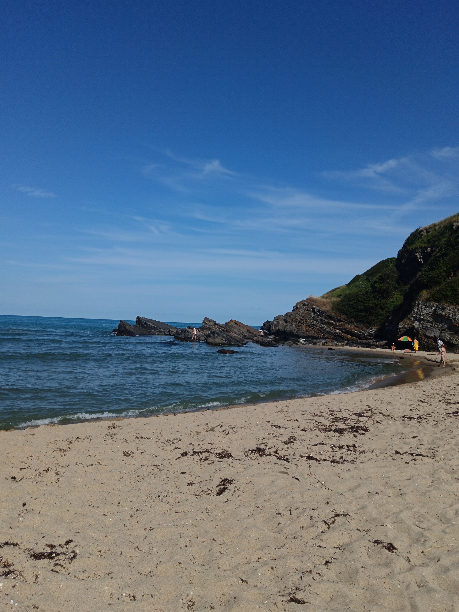 This is a wide-angle, eye-level, outdoor photograph of a sandy beach with a rocky outcrop and the sea in the city of Sinemorets, Bulgaria. The sky is a clear, bright blue with sparse white clouds. The sea is a deep blue with small waves lapping at the shore.
In the foreground, the sandy beach is mostly empty, with scattered pieces of seaweed and shells. There are a few people visible further down the beach.
To the left, a series of dark, jagged rocks rise out of the sea, with a single person standing on one of them. To the right, a grassy, vegetated hill slopes down to the beach. Near the base of the hill, there are a few beach umbrellas and several people relaxing on the sand or wading in the water. One person is walking towards the viewer on the sand.
The overall impression is a sunny day at a natural, scenic beach.