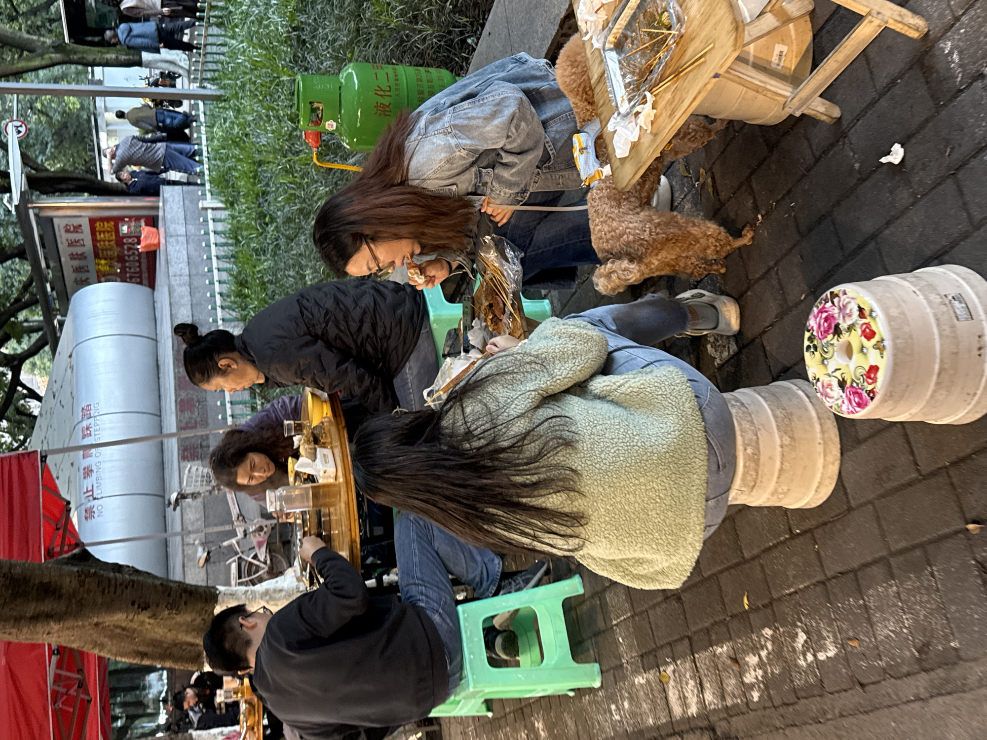 The image shows a group of people eating street food in an outdoor setting. There are at least five people gathered around a makeshift table, eating skewers and other food items. Some of them are seated on small plastic stools or concrete cylinders. A small brown poodle is seen near the table possibly hoping for some food. A green gas cylinder labeled with Chinese characters is visible near the table, likely used for cooking.
The location is indicated by the Chinese characters on the cylinder and signage as being in the Yuzhong District of Chongqing, China. Signage "庆医肤医院 67606528" can be translated to "Qingyi Skin Hospital 67606528" and the location is labeled for "No Climbing or Stepping".
The people are dressed in casual clothing, and their actions indicate a social and informal gathering. The environment appears to be a street or sidewalk setting, with trees and other foliage in the background, as well as other pedestrians passing by. There are signs and advertisements in the distance.