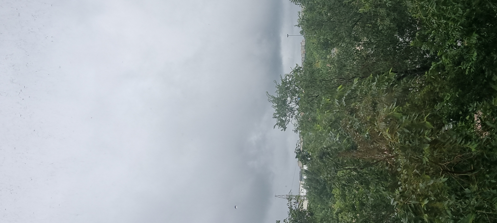 The image depicts an overcast sky with heavy, gray clouds dominating the upper portion. Below the sky, a dense canopy of green trees fills the middle and lower sections of the frame. In the distance, visible through breaks in the foliage, are several buildings and structures, including what appears to be a power transmission tower on the left side and a tall lamppost on the right. The scene suggests a view from an elevated position looking out over a vegetated urban or semi-urban area, potentially in Aktobe, Kazakhstan, given the context of the request. There are no people or discernible actions taking place in the image; it is a static environmental landscape.
