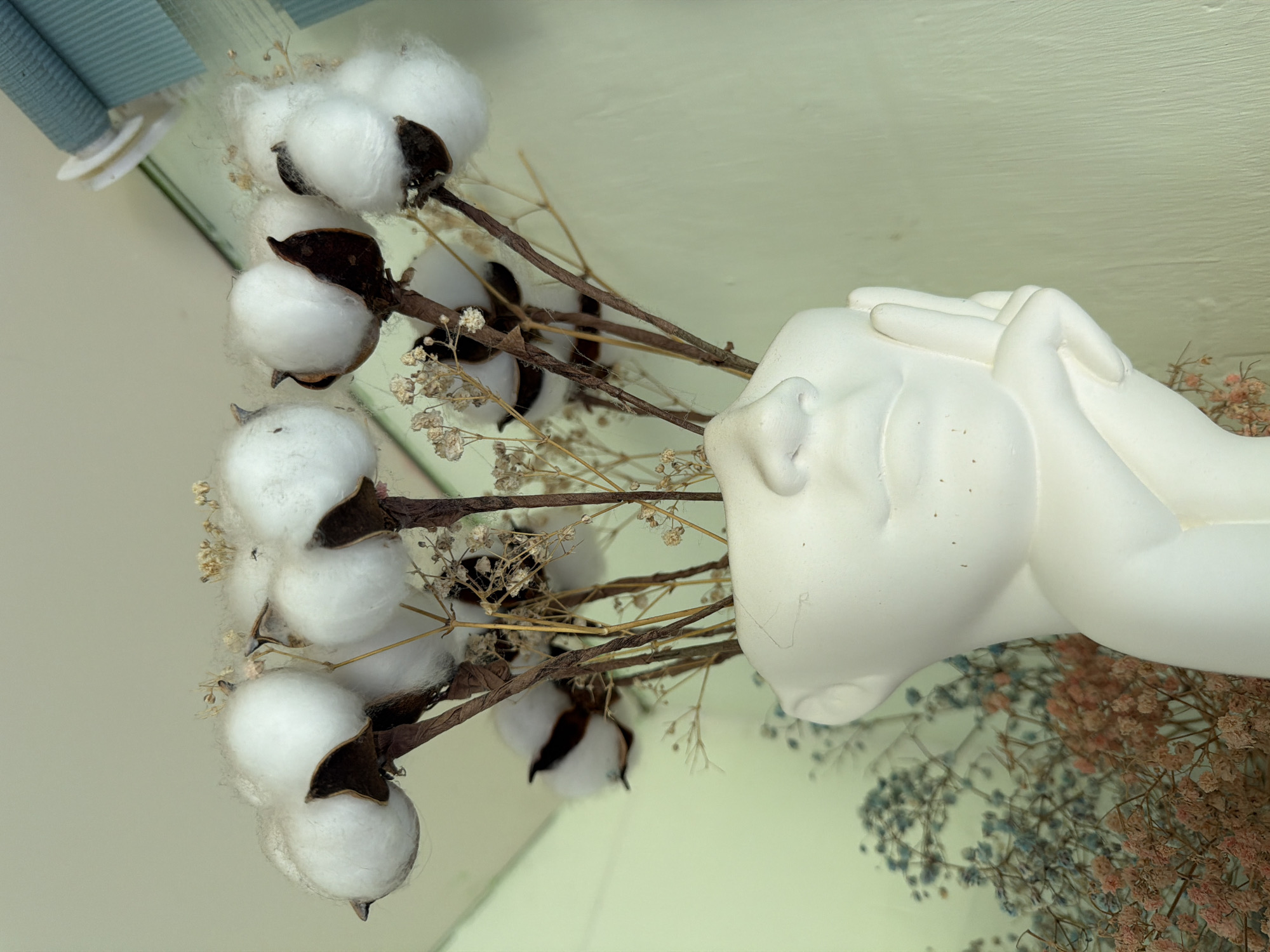 A close-up, eye-level shot shows a white ceramic vase shaped like a human head, with a hand resting on the cheek, holding a bouquet of dried cotton bolls and baby's breath. The vase is placed in front of a light green textured wall. In the background, to the left of the vase, is a blurred arrangement of dried flowers in shades of blue and pink. The scene appears to be indoors, likely a decorative arrangement in a home or shop. The lighting is soft and diffused, suggesting an indoor setting without direct sunlight. There are no people or animals visible in the frame. The image is composed in a way that emphasizes the texture and form of the vase and the delicate nature of the dried flowers. The overall aesthetic is calm and serene, with a focus on natural elements presented in an artistic manner. The location is the city of Shumki, Russia.