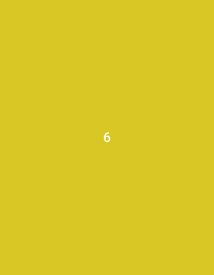 The image displays a plain, solid yellow background. Centered horizontally and slightly below the vertical midpoint of the frame is the numeral "6" rendered in solid white. The image is an abstract graphic and does not depict any physical location, including the city of Yerevan, Armenia, nor does it contain any discernible people, subjects, objects, actions, interactions, or environmental features.