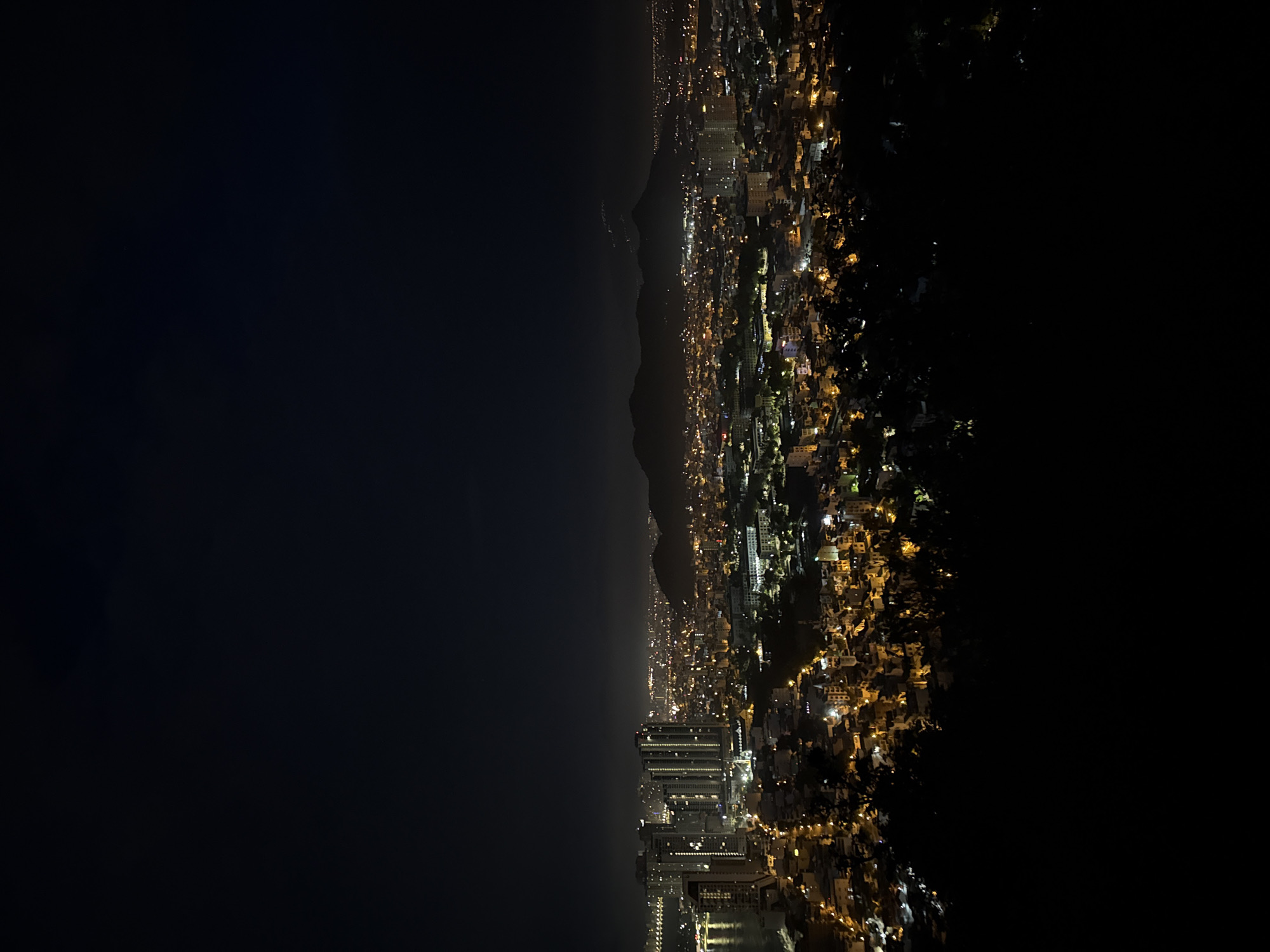The image is a vertically-oriented, nighttime aerial shot of a cityscape. The left side of the image is dominated by dark sky or sea. A dark mountain range forms a dividing line between the sea/sky and the city. The city sprawls across the right side of the image, with numerous lights illuminating buildings and streets. There are high-rise buildings near the bottom of the image, indicating a more developed area near the waterfront. The location is Bac Nha Trang Ward, Vietnam. There are no visible people.