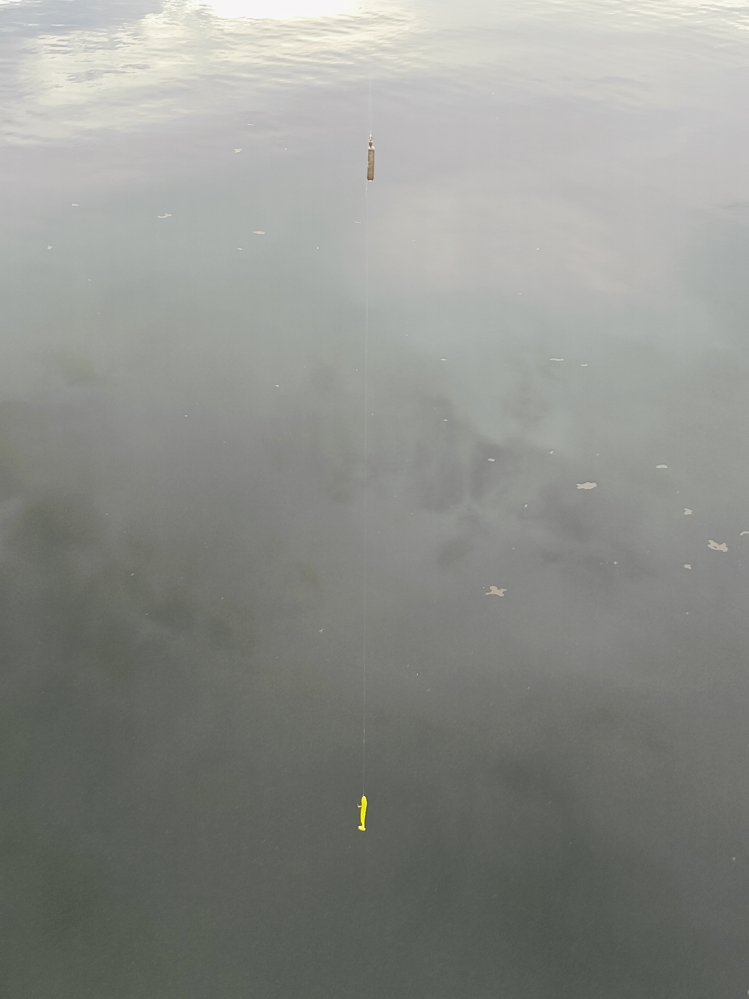 A fishing line with a lure hangs vertically in calm, reflective water. The water's surface displays the muted colors of the sky and clouds. Near the top of the frame, a cylindrical fishing weight is attached to the line. Further down, a bright yellow, fish-shaped lure dangles just above the water's surface. The scene appears to be a still moment of fishing. This image was taken in Chaikovsky, Russia.