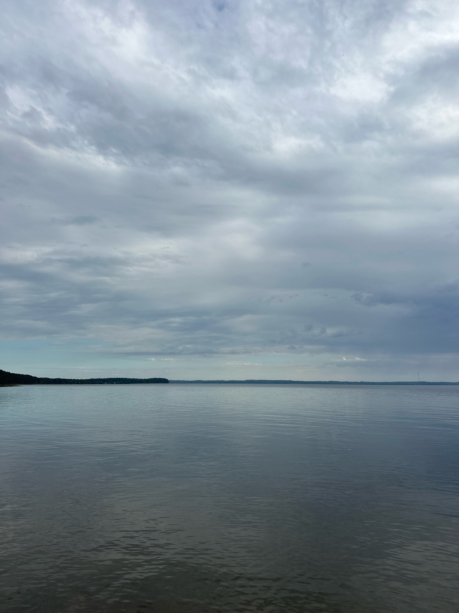 An overcast sky looms over a calm, wide body of water. The horizon is a flat line, marked by a distant, dark, tree-lined shore with a few scattered structures. The water's surface is smooth, with subtle ripples reflecting the muted tones of the sky. The overall scene is one of quiet expanse, characteristic of a lake or large river.
