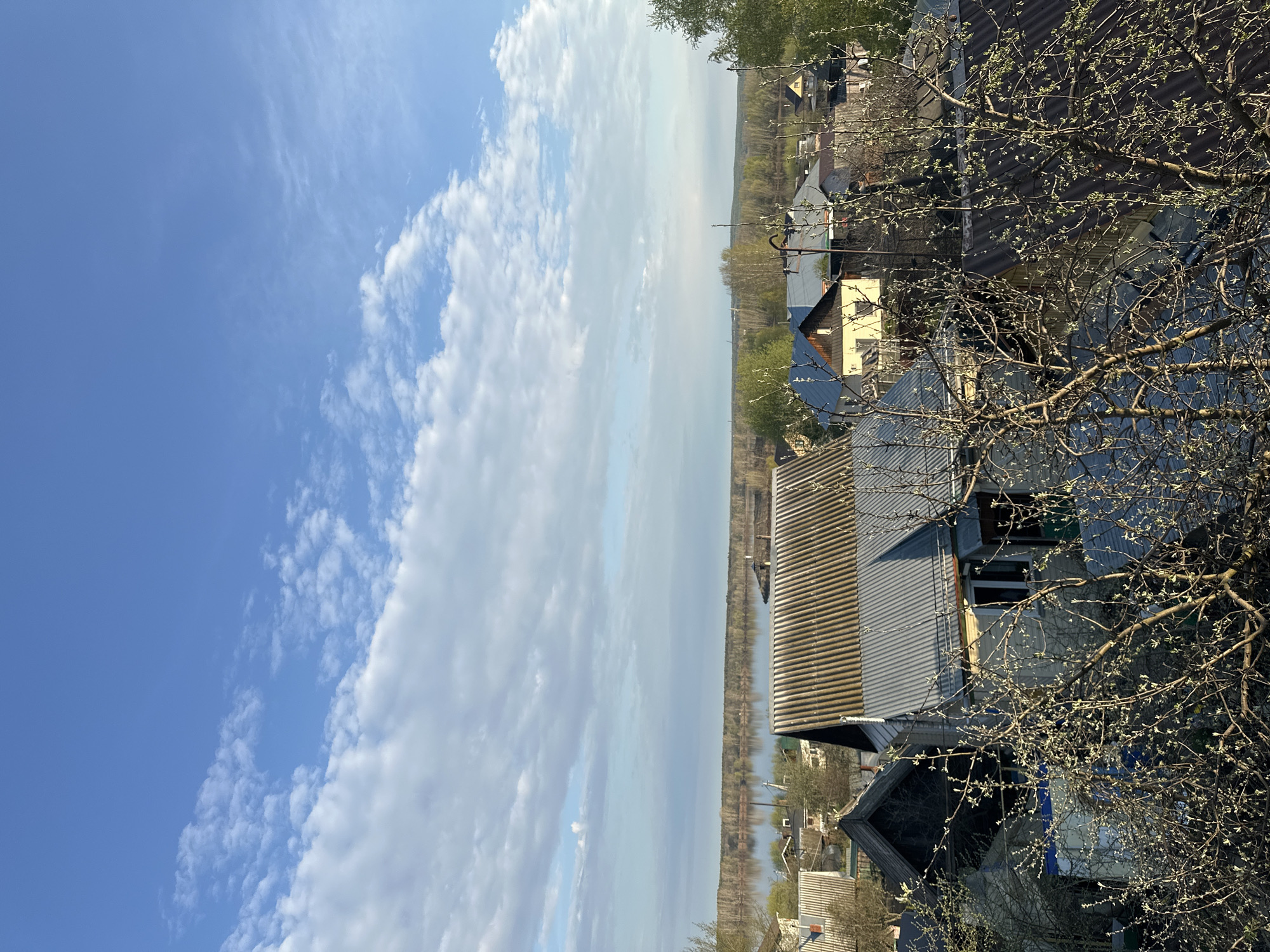 A landscape photograph taken in Chaikovsky, Russia, reveals a scene that combines natural elements with the built environment. The left side of the image shows a clear blue sky dotted with fluffy white clouds. Towards the middle, a river or body of water stretches into the distance, reflecting the sky's light. The right side of the image is dominated by the rooftops of houses, interspersed with trees. The rooftops are varied, some corrugated and aged, others darker and newer. In the foreground, bare branches of a tree fill the lower right corner, suggesting early spring or late fall. The overall impression is a quiet, possibly rural or suburban setting within the urban confines of Chaikovsky.