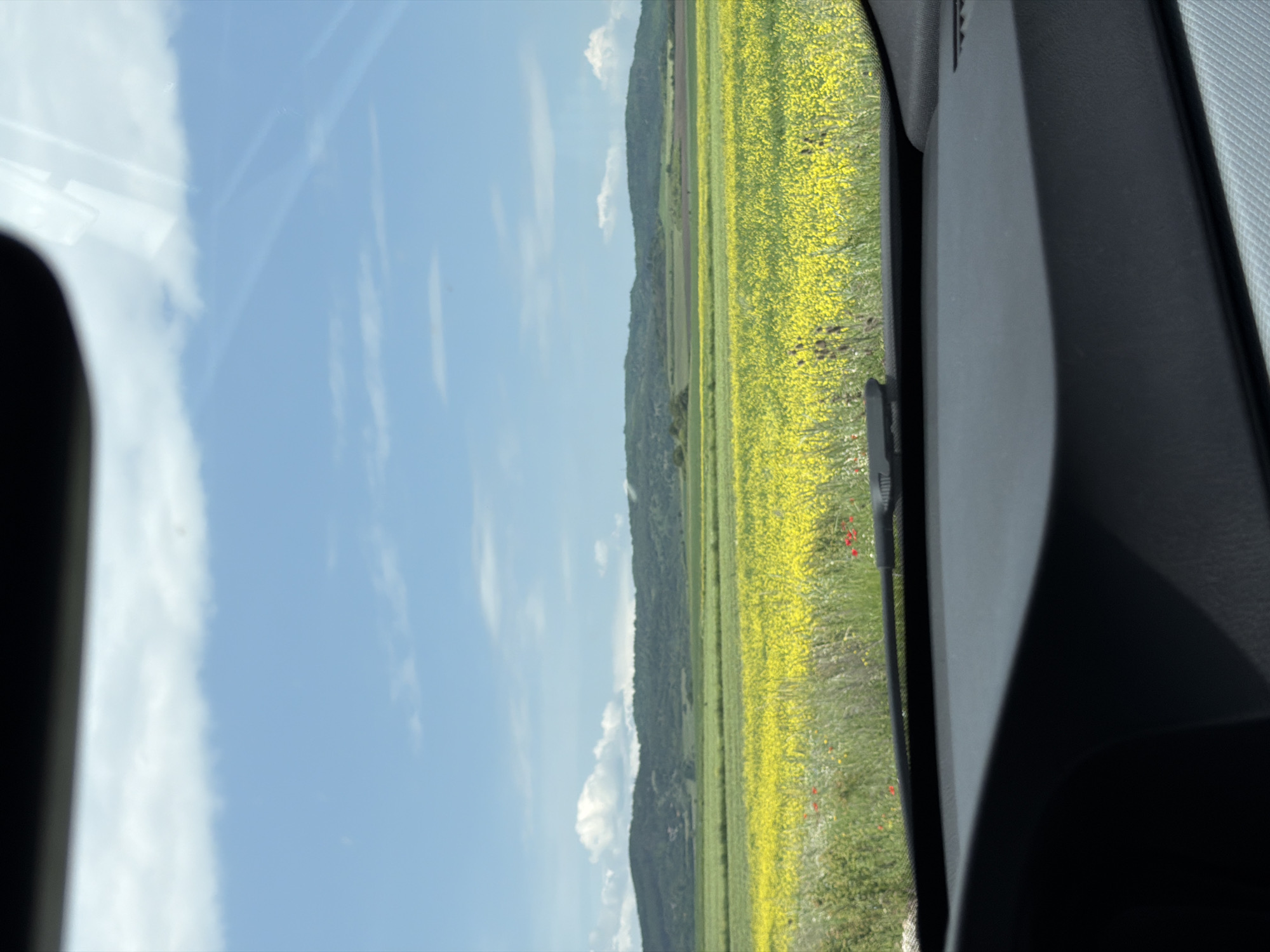 The image shows a view from inside a vehicle. The exterior scene includes a field of yellow flowers, a treed hillside, and a blue sky with white clouds. The interior view includes the car's window, door frame, and pillar. The location is Galabovtsi, Bulgaria.
