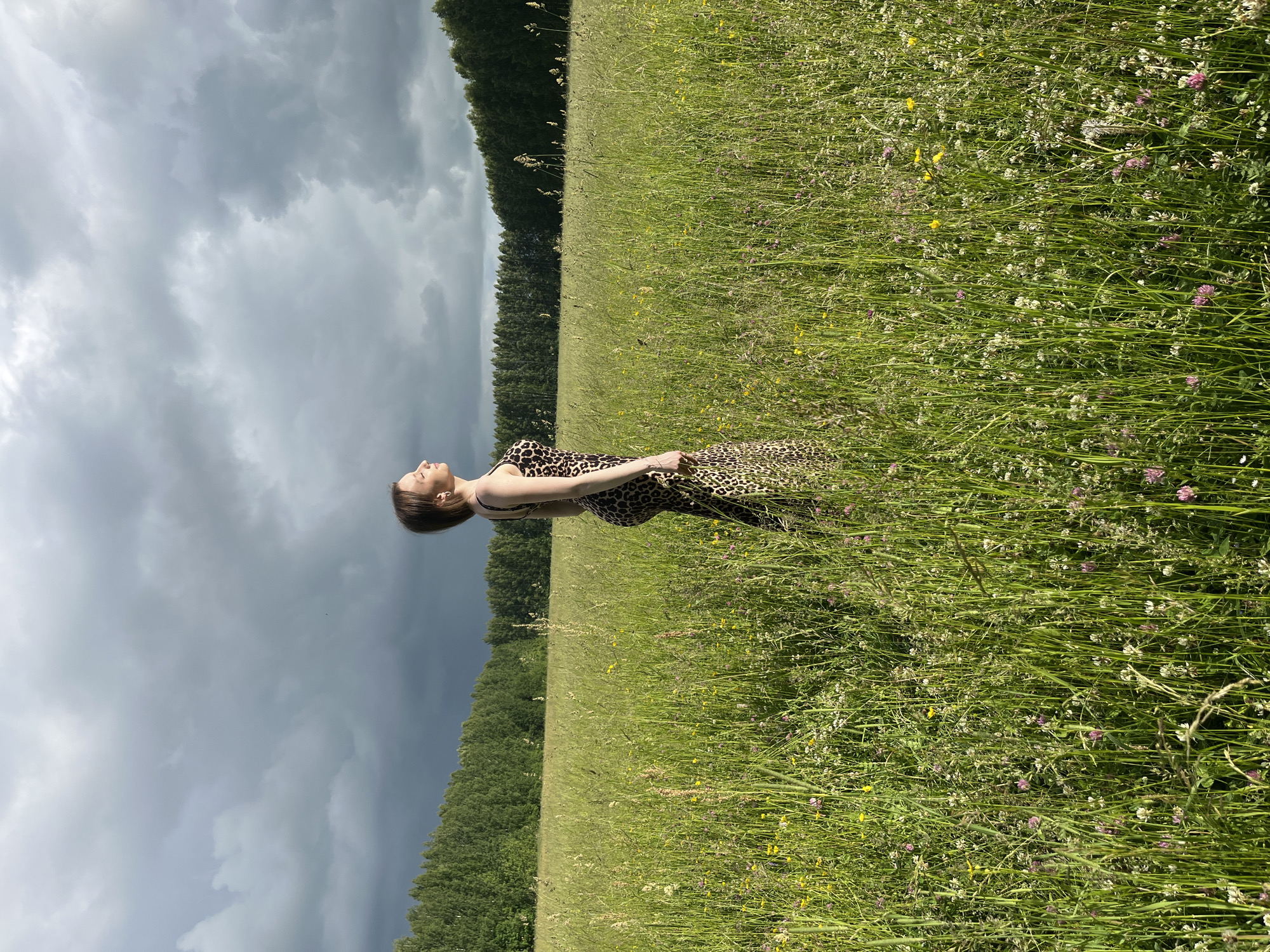 A young woman stands in a field of tall green grass and wildflowers under a cloudy sky. She is wearing a leopard-print dress and is facing towards the right side of the frame with her eyes closed and her face tilted upwards, seemingly basking in the sunlight. Behind her, a line of green trees stretches across the horizon, and the sky is filled with dark, dramatic clouds. The location is a meadow in Большой Гондыр, Russia.